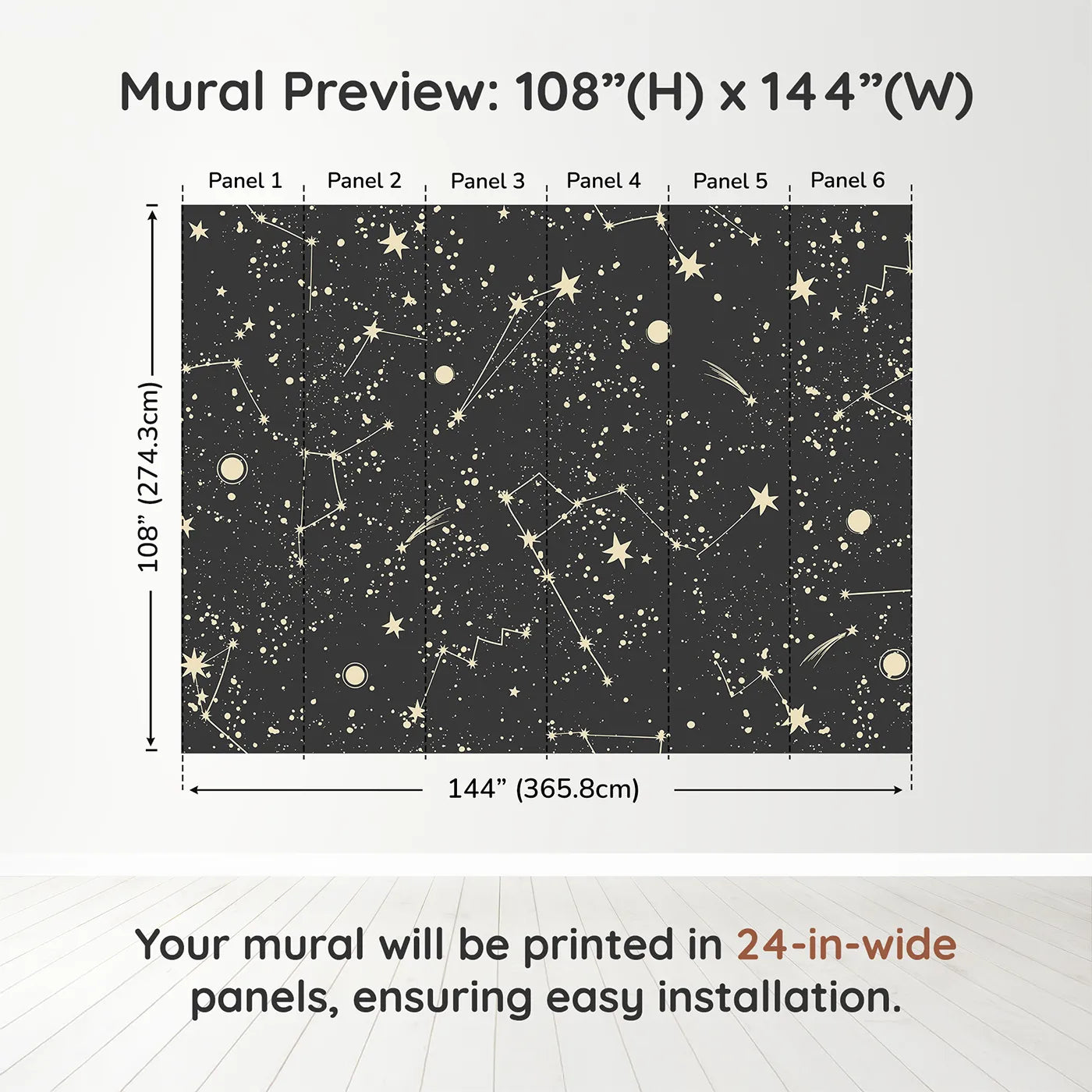 Whimsy Tots Vintage Constellation Map Wall Muraldimension view (108" H x 144" W). Printed in six 24-inch-wide panels. Gender-Neutral