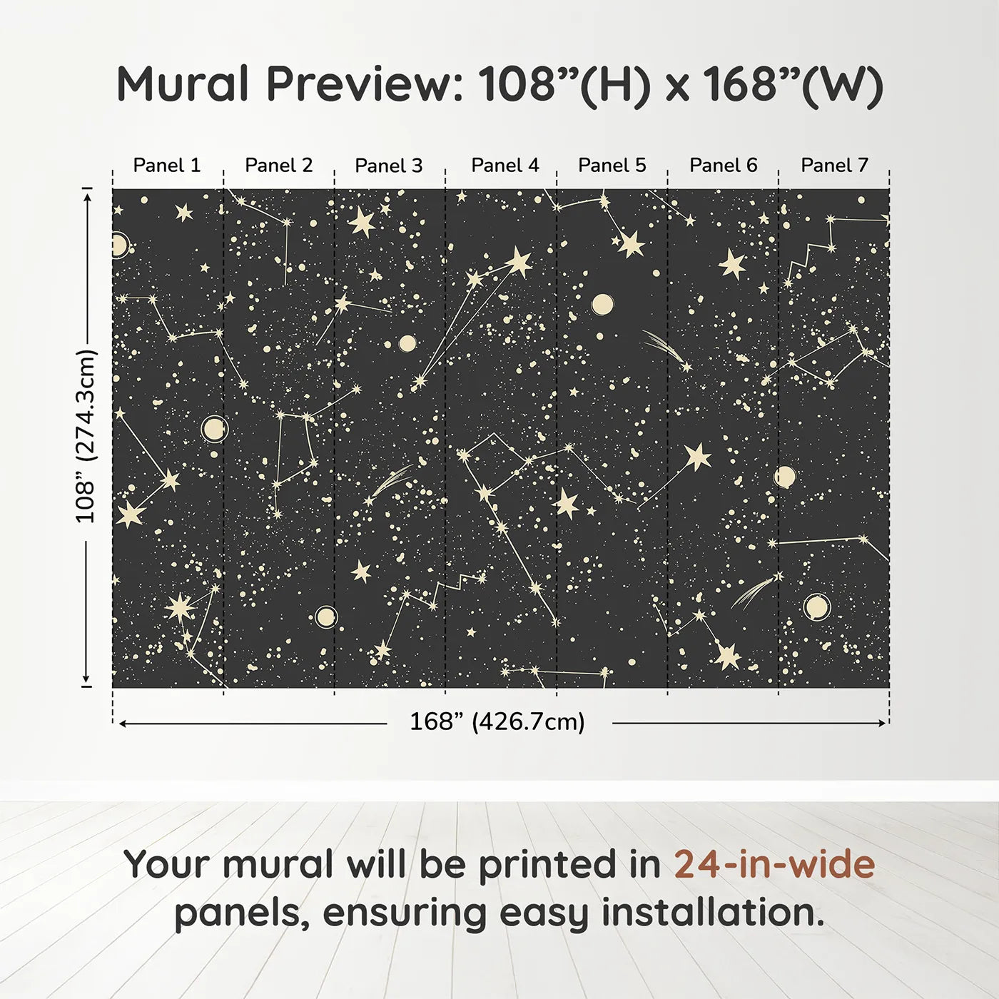 Whimsy Tots Vintage Constellation Map Wall Muraldimension view (108" H x 168" W). Printed in seven 24-inch-wide panels. Gender-Neutral