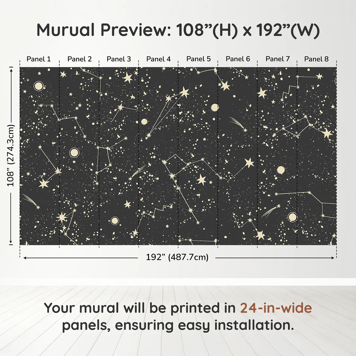 Whimsy Tots Vintage Constellation Map Wall Muraldimension view (108" H x 192" W). Printed in eight 24-inch-wide panels. Gender-Neutral