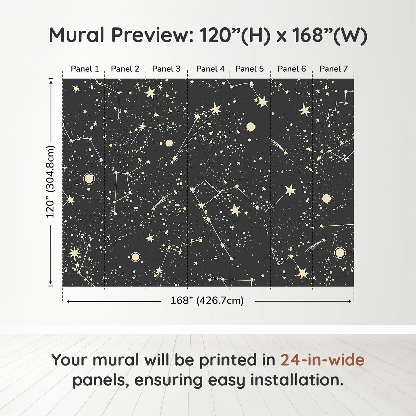 Whimsy Tots Vintage Constellation Map Wall Muraldimension view (120" H x 168" W). Printed in seven 24-inch-wide panels. Gender-Neutral