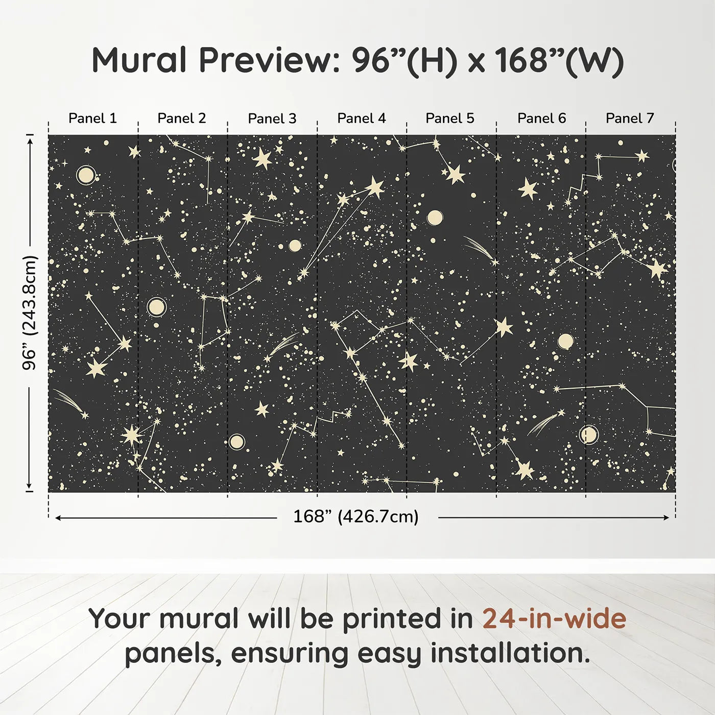 Whimsy Tots Vintage Constellation Map Wall Muraldimension view (96" H x 168" W). Printed in seven 24-inch-wide panels. Gender-Neutral