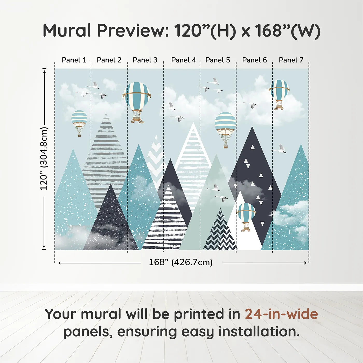 Whimsy Tots Geometric Mountain Air Show Wall Muraldimension view (120" H x 168" W). Printed in seven 24-inch-wide panels. Gender-Neutral