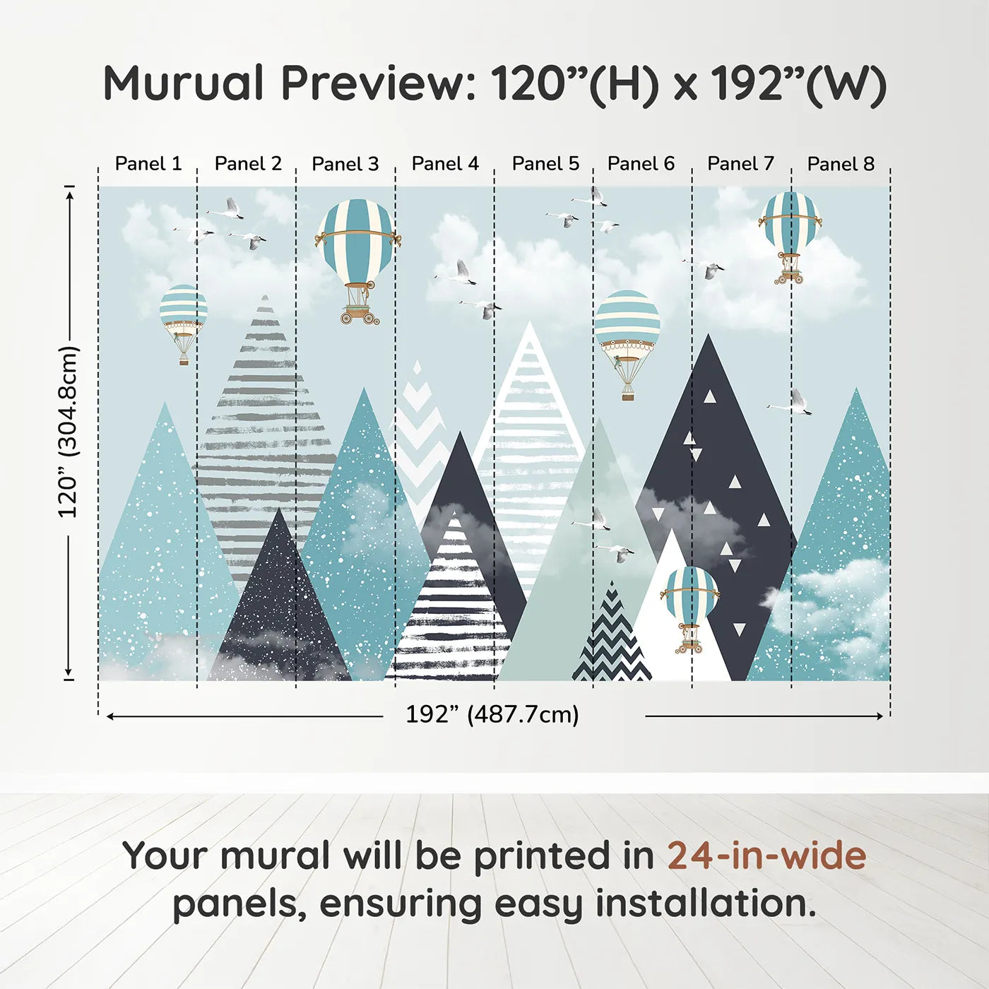 Whimsy Tots Geometric Mountain Air Show Wall Muraldimension view (120" H x 192" W). Printed in eight 24-inch-wide panels. Gender-Neutral