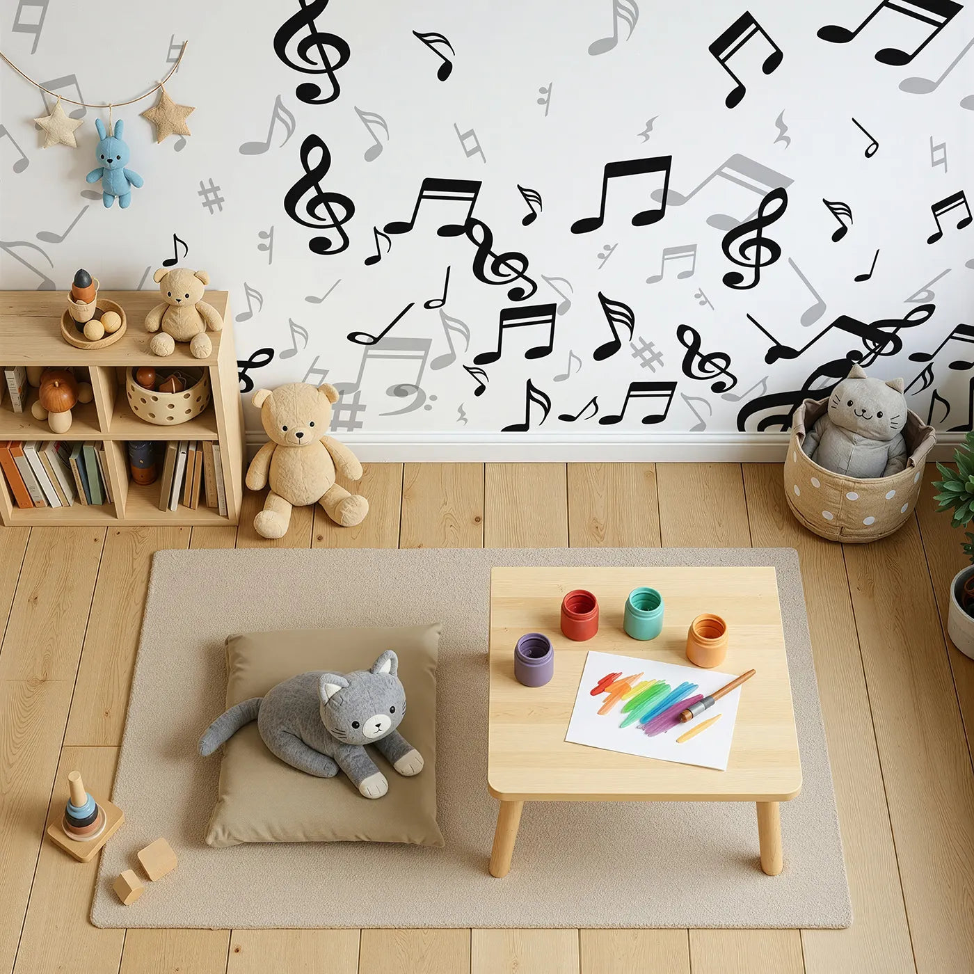 Top-down view of Whimsy Tots' Monochrome Melody Wall Mural (Turn Their Room into a Symphony in Black and White).Gender-Neutral