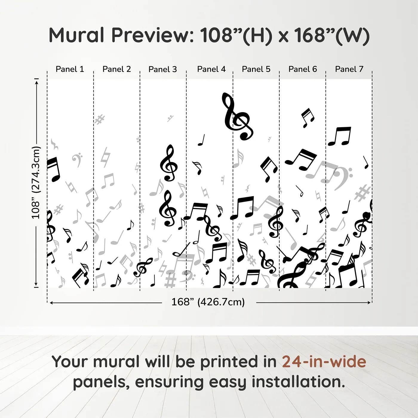 Whimsy Tots Monochrome Melody Wall Muraldimension view (108" H x 168" W). Printed in seven 24-inch-wide panels. Gender-Neutral