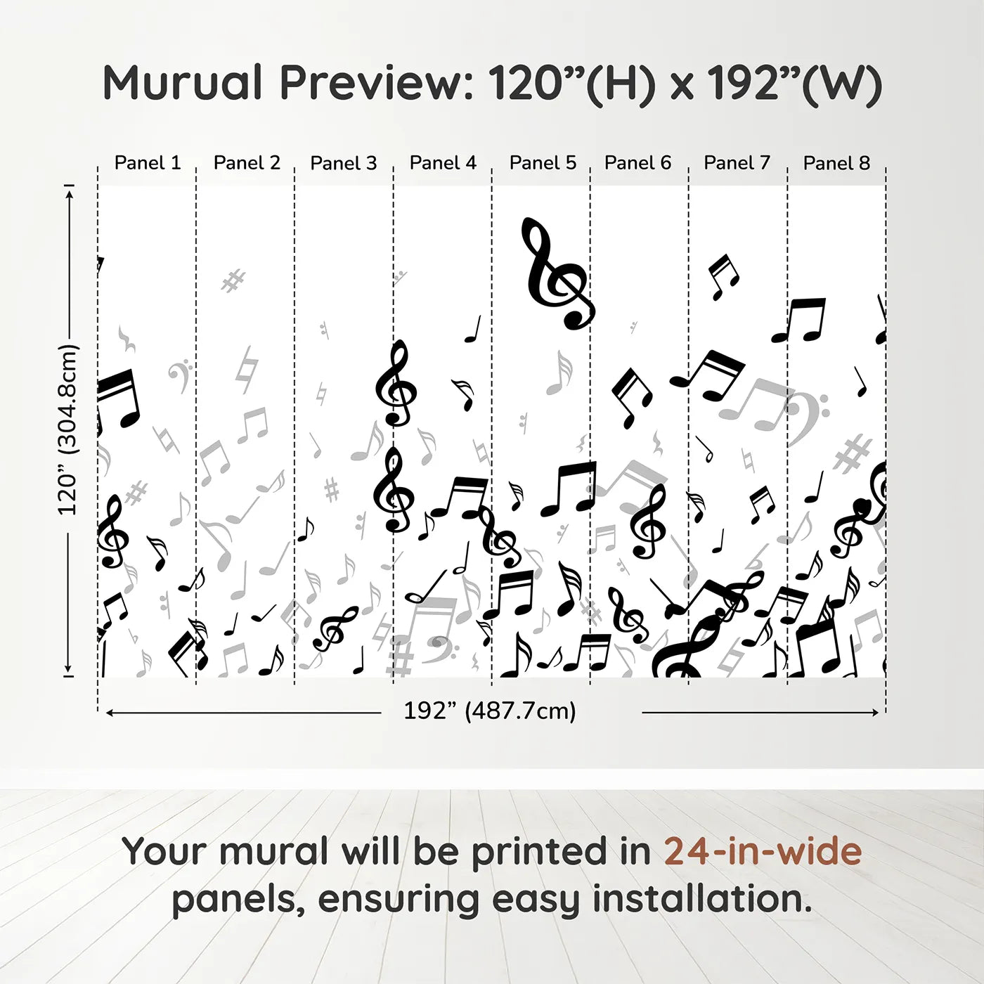 Whimsy Tots Monochrome Melody Wall Muraldimension view (120" H x 192" W). Printed in eight 24-inch-wide panels. Gender-Neutral