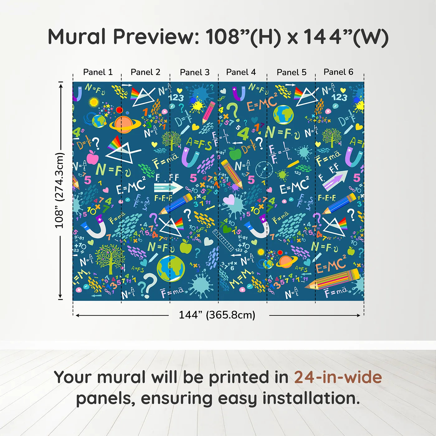 Whimsy Tots Colorful Science Doodle Wall Muraldimension view (108" H x 144" W). Printed in six 24-inch-wide panels. Gender-Neutral