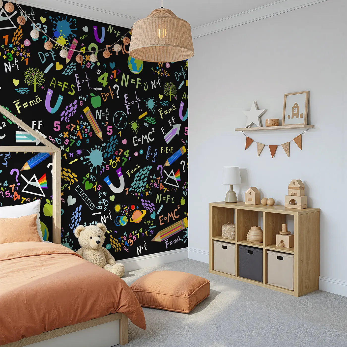 Angled view of Whimsy Tots' Neon Science Doodle Wall Mural (Turn Their Room into a Glowing Laboratory of Fun).Gender-Neutral