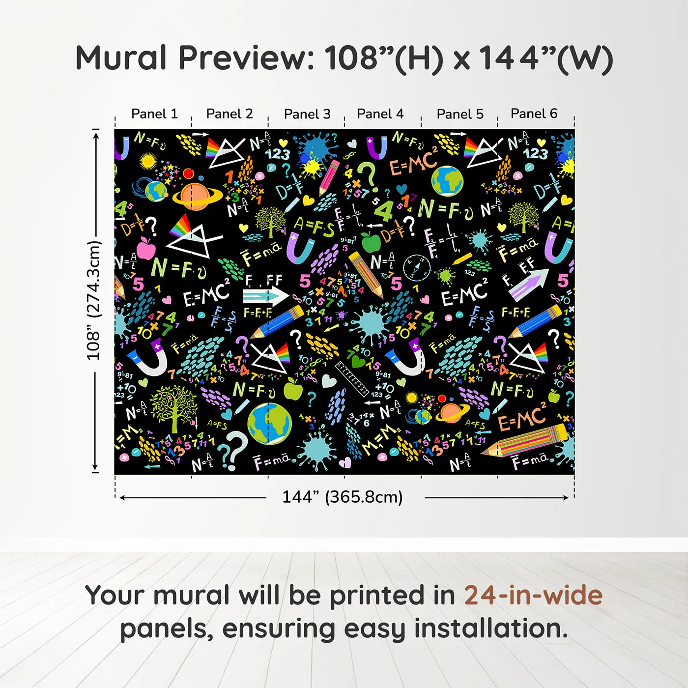 Whimsy Tots Neon Science Doodle Wall Muraldimension view (108" H x 144" W). Printed in six 24-inch-wide panels. Gender-Neutral