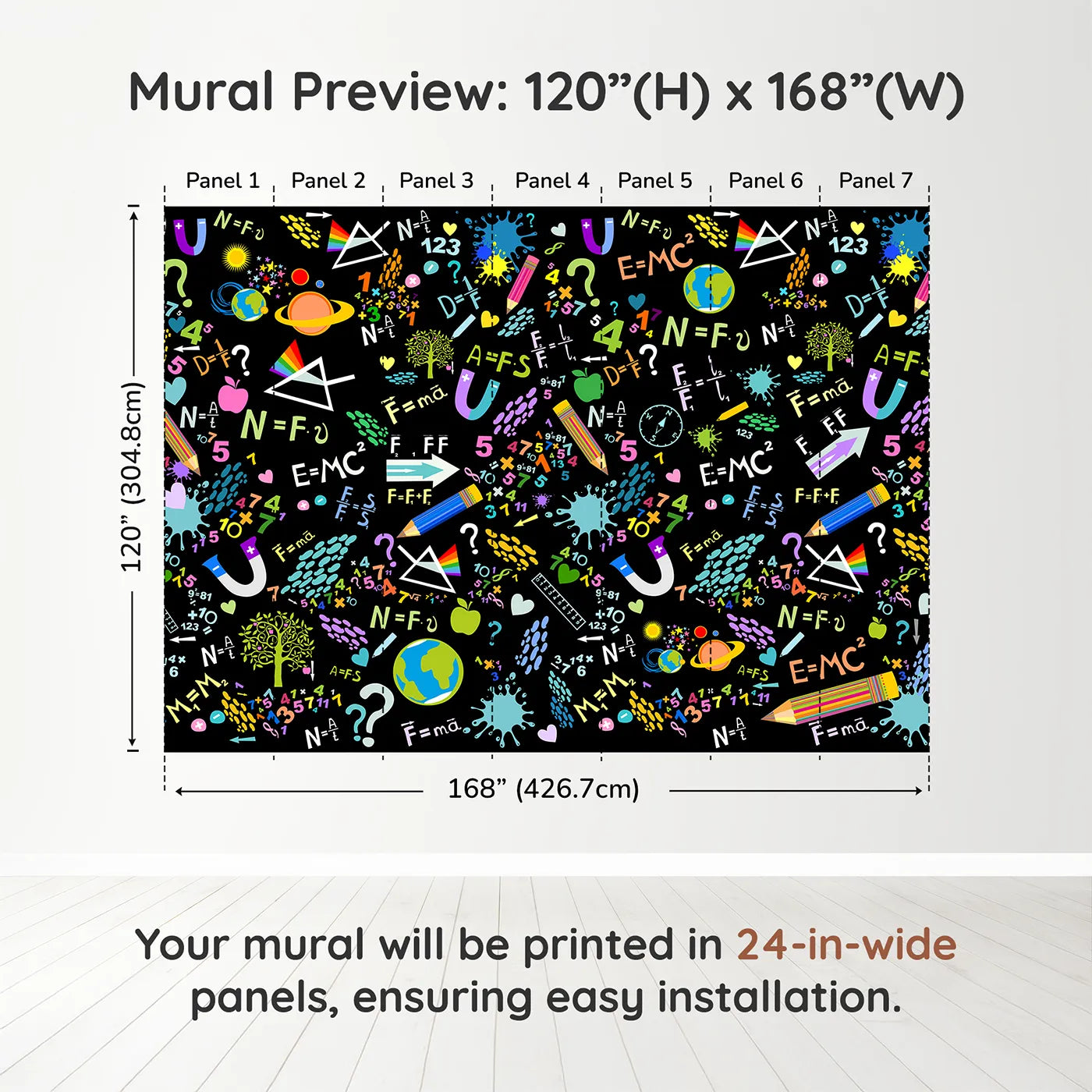 Whimsy Tots Neon Science Doodle Wall Muraldimension view (120" H x 168" W). Printed in seven 24-inch-wide panels. Gender-Neutral