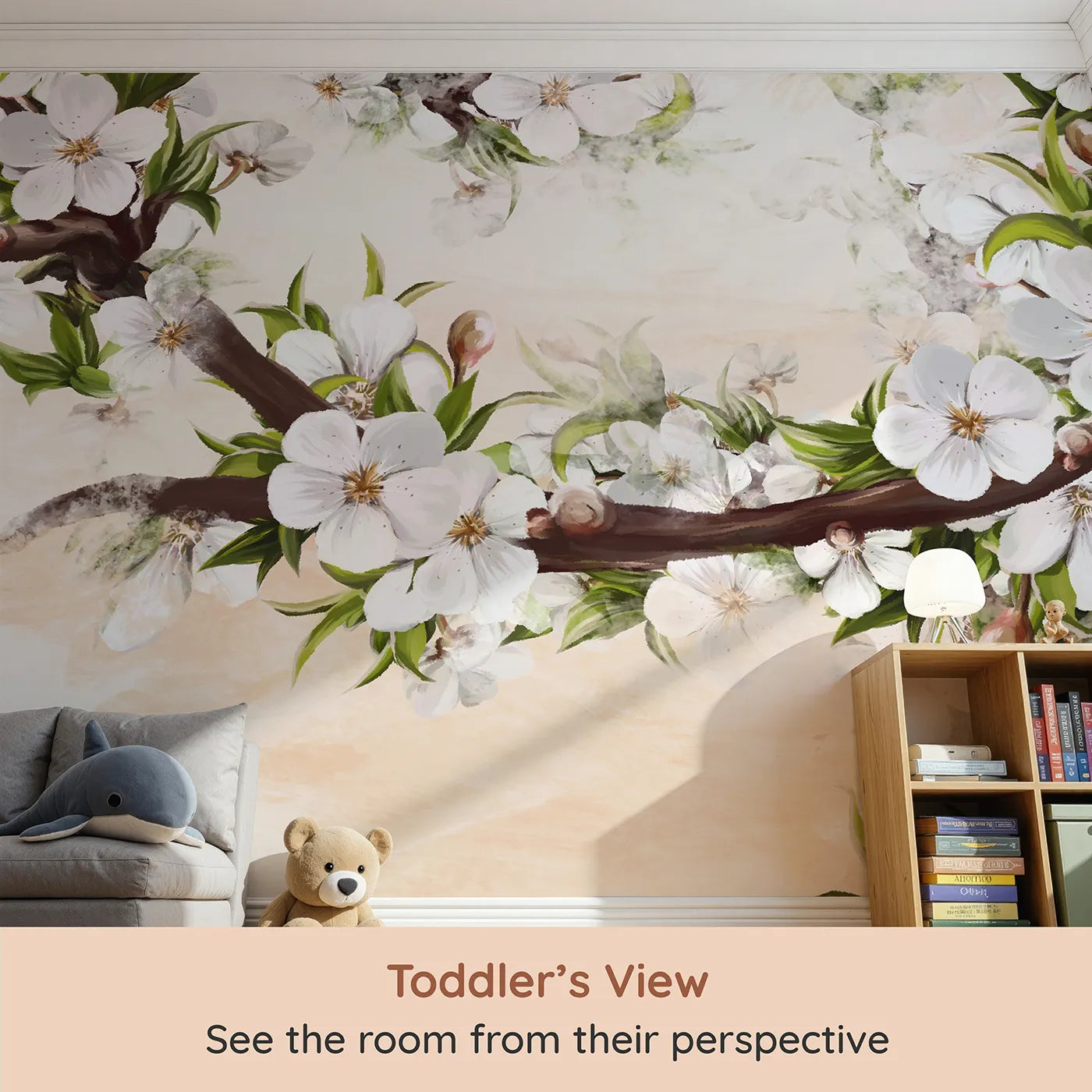Whimsy Tots Painterly Apple Blossom Wall Mural (Turn Their Room into a Soft and Gentle Spring Orchard) from your child's view.Gender-Neutral