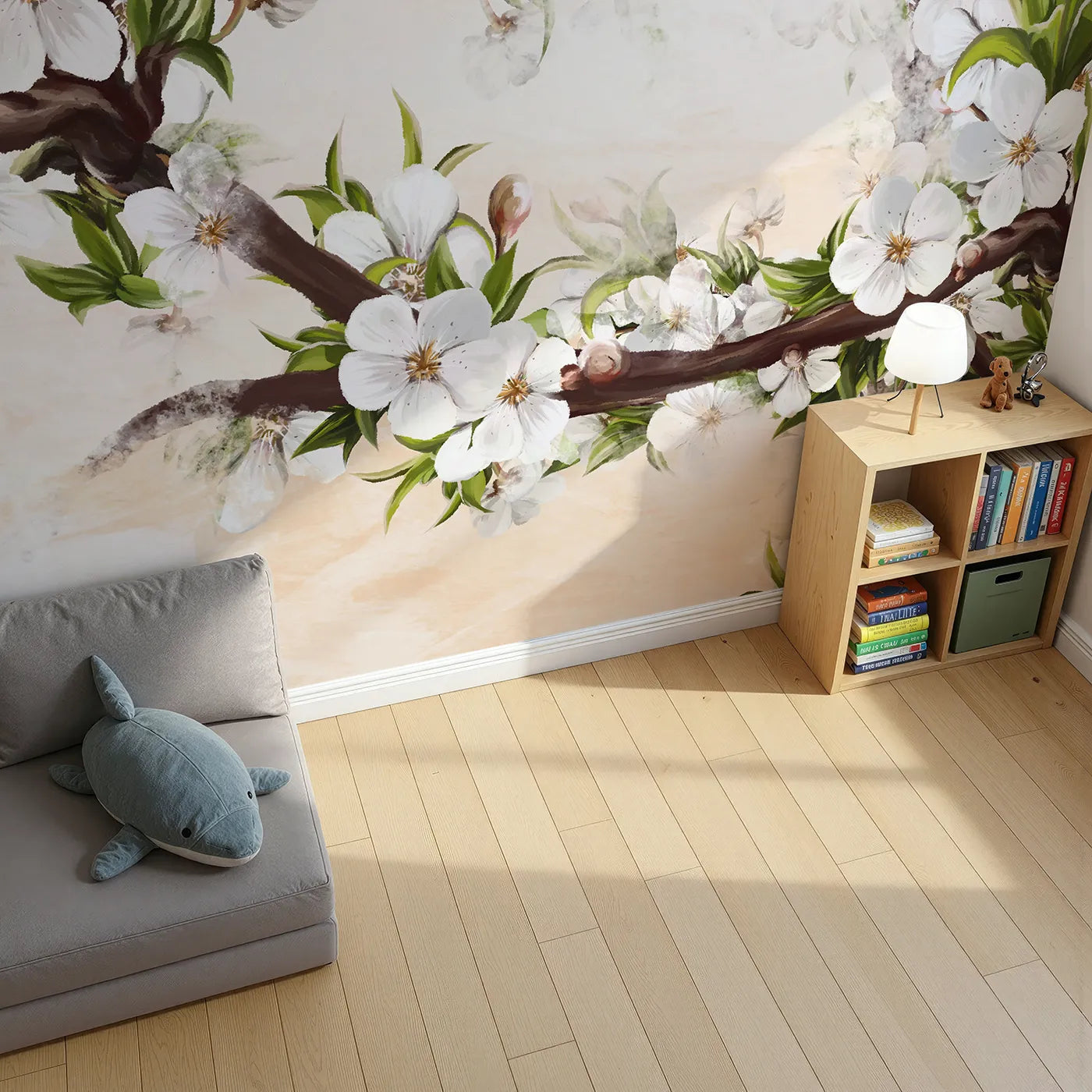 Top-down view of Whimsy Tots' Painterly Apple Blossom Wall Mural (Turn Their Room into a Soft and Gentle Spring Orchard).Gender-Neutral