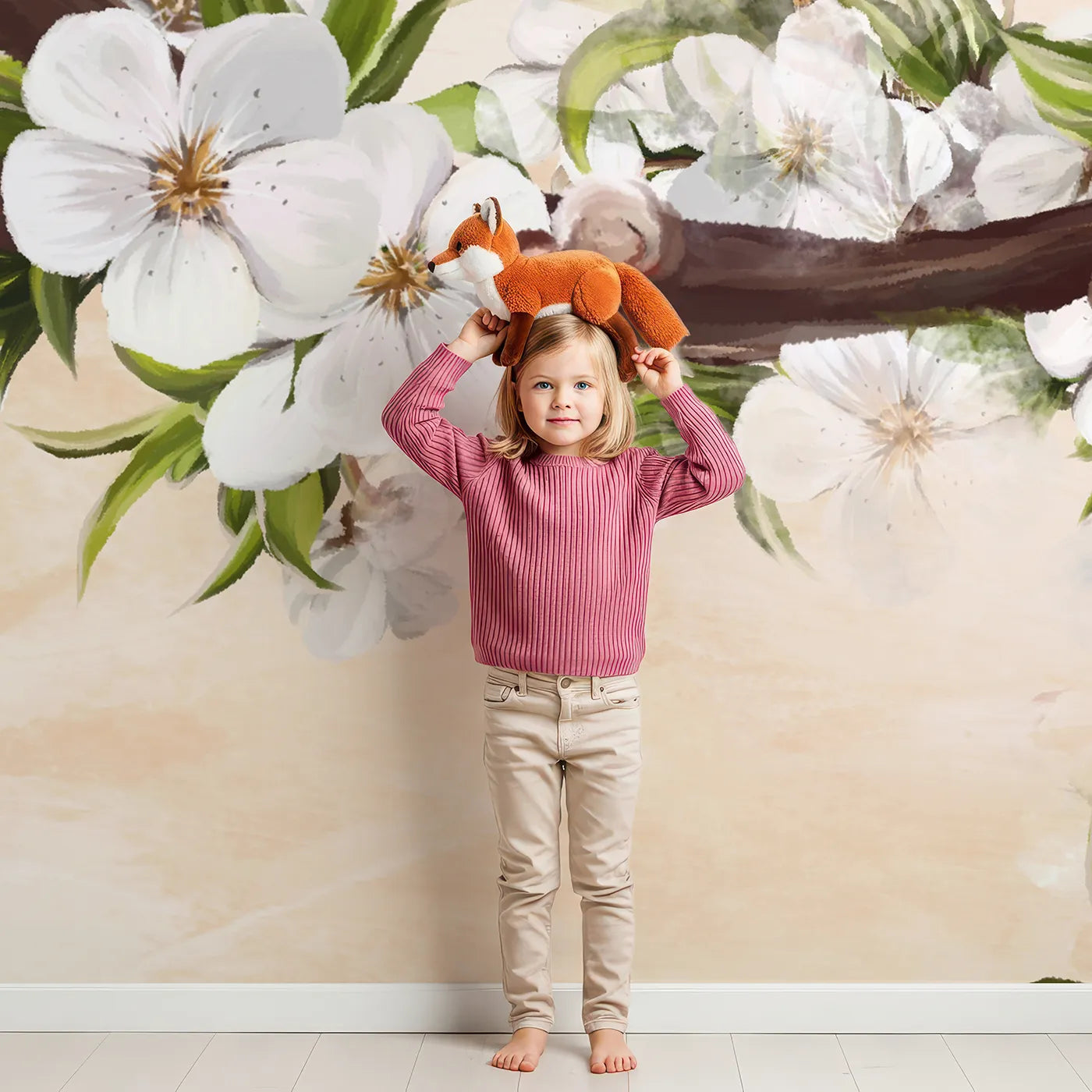 Child in front of Whimsy Tots Painterly Apple Blossom Wall Mural with flower, blossom, tree, branch, white, spring, painterly, apple in design.