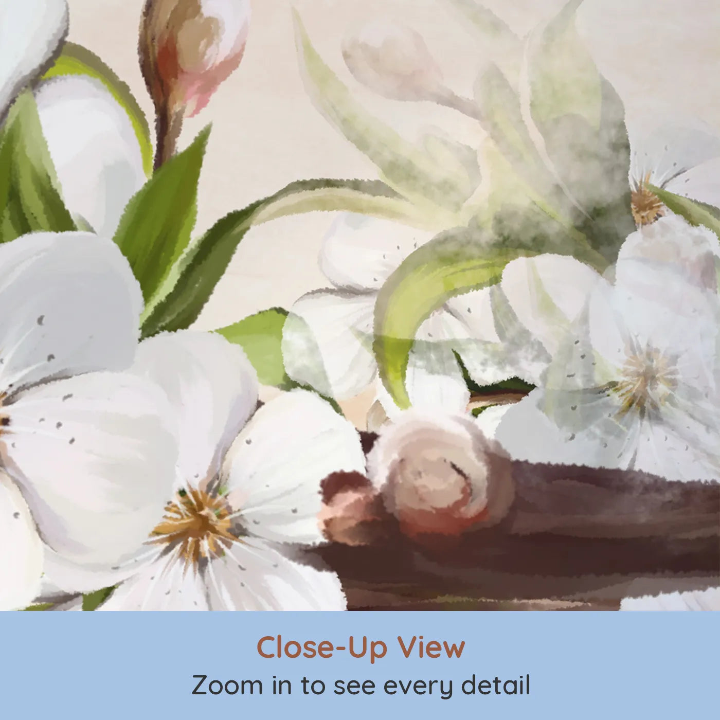 Close-up view of Whimsy Tots' Painterly Apple Blossom Wall Mural (Turn Their Room into a Soft and Gentle Spring Orchard).Gender-Neutral