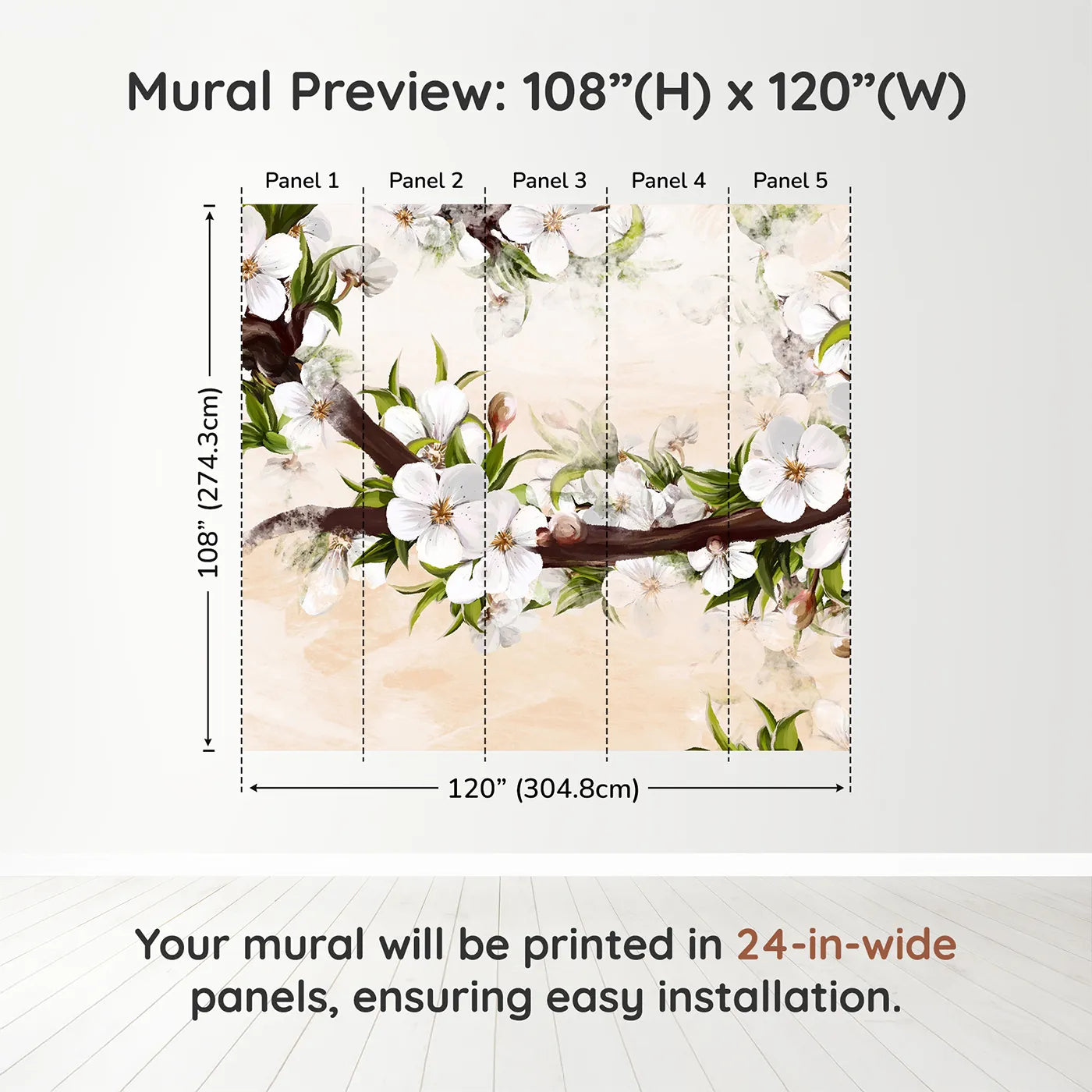 Whimsy Tots Painterly Apple Blossom Wall Muraldimension view (108" H x 120" W). Printed in five 24-inch-wide panels. Gender-Neutral