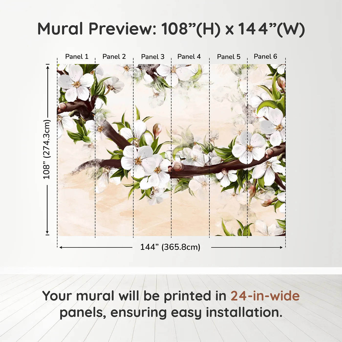 Whimsy Tots Painterly Apple Blossom Wall Muraldimension view (108" H x 144" W). Printed in six 24-inch-wide panels. Gender-Neutral
