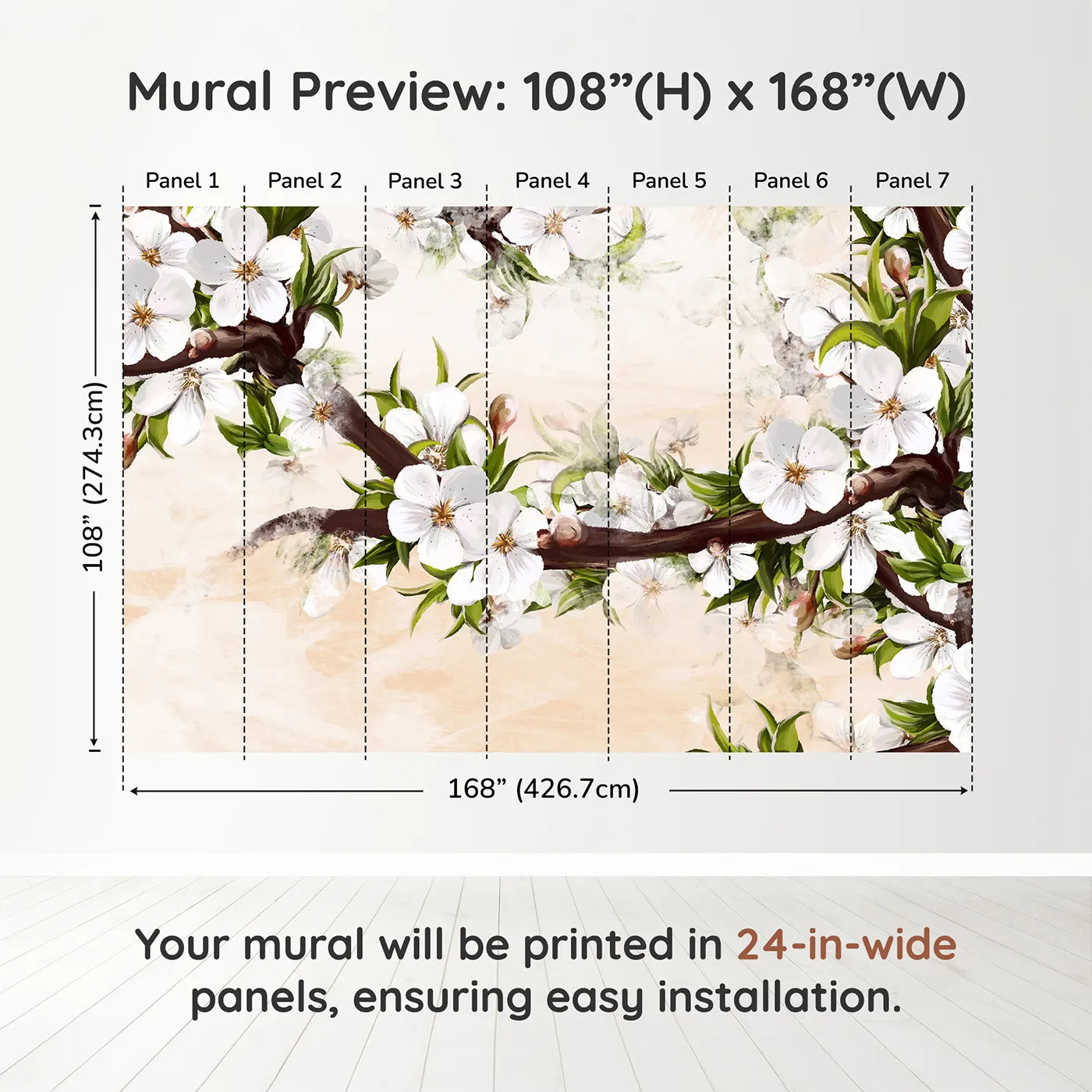 Whimsy Tots Painterly Apple Blossom Wall Muraldimension view (108" H x 168" W). Printed in seven 24-inch-wide panels. Gender-Neutral