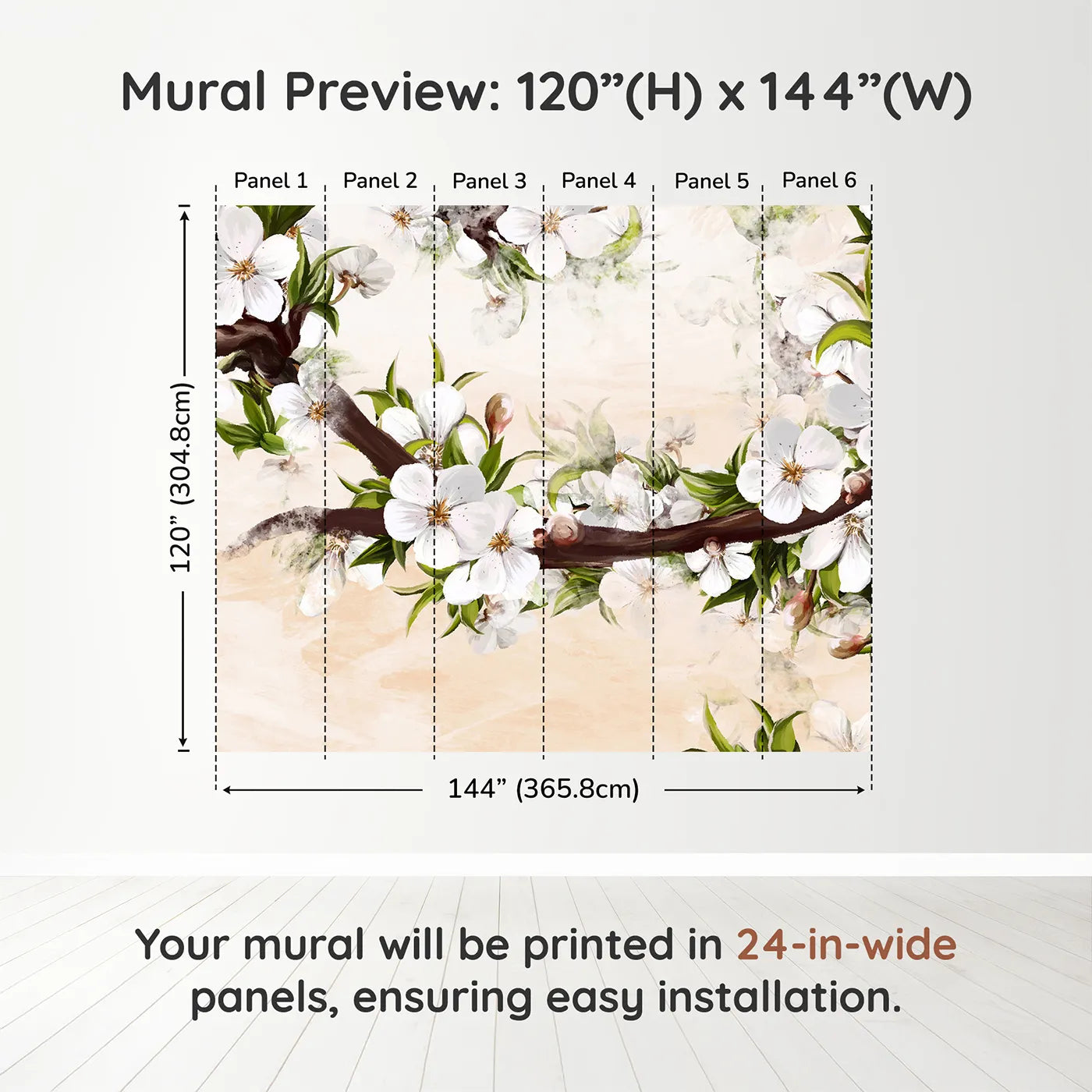 Whimsy Tots Painterly Apple Blossom Wall Muraldimension view (120" H x 144" W). Printed in six 24-inch-wide panels. Gender-Neutral