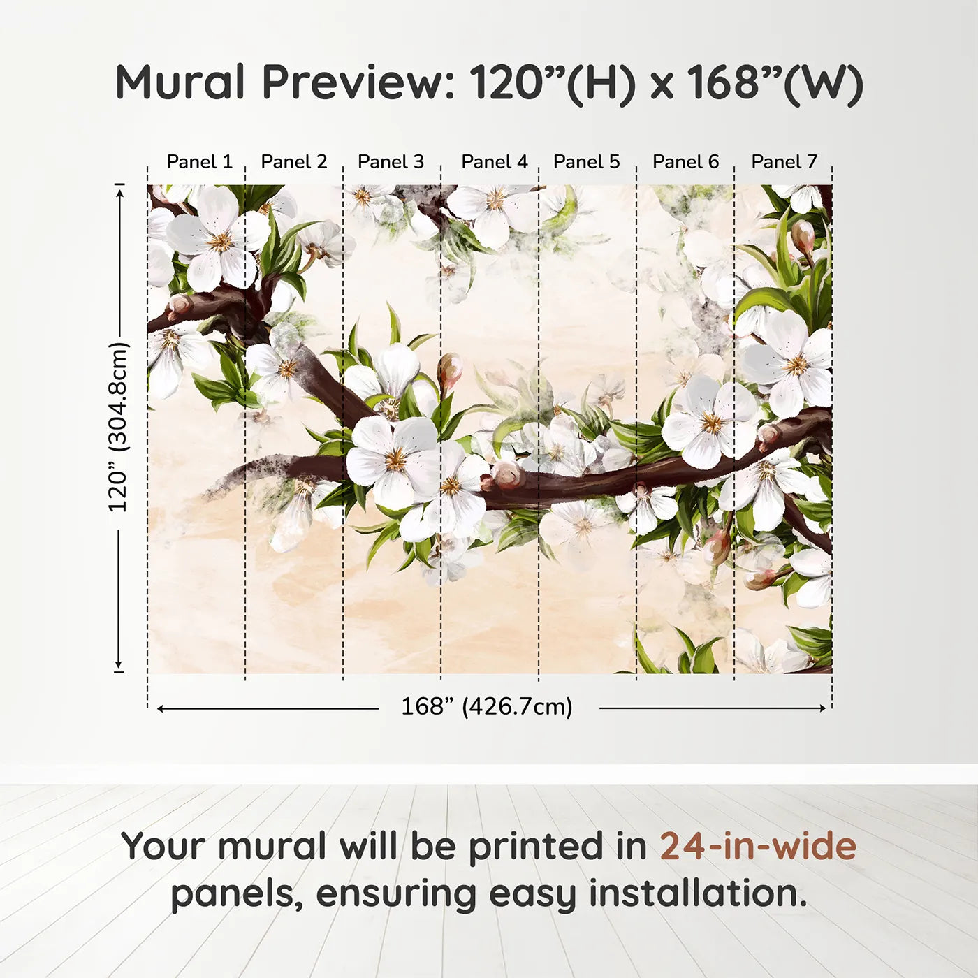 Whimsy Tots Painterly Apple Blossom Wall Muraldimension view (120" H x 168" W). Printed in seven 24-inch-wide panels. Gender-Neutral