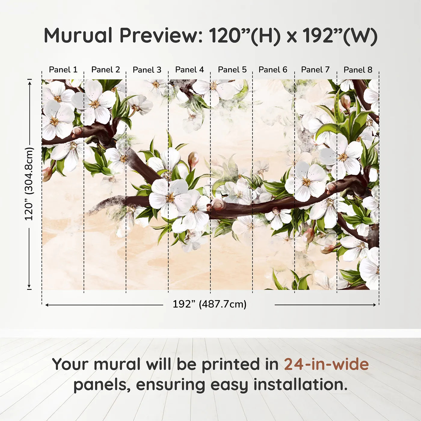 Whimsy Tots Painterly Apple Blossom Wall Muraldimension view (120" H x 192" W). Printed in eight 24-inch-wide panels. Gender-Neutral