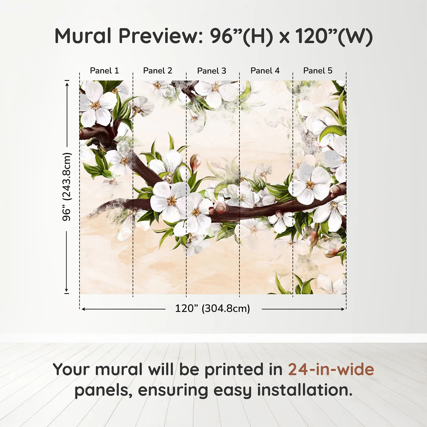 Whimsy Tots Painterly Apple Blossom Wall Muraldimension view (96" H x 120" W). Printed in five 24-inch-wide panels. Gender-Neutral