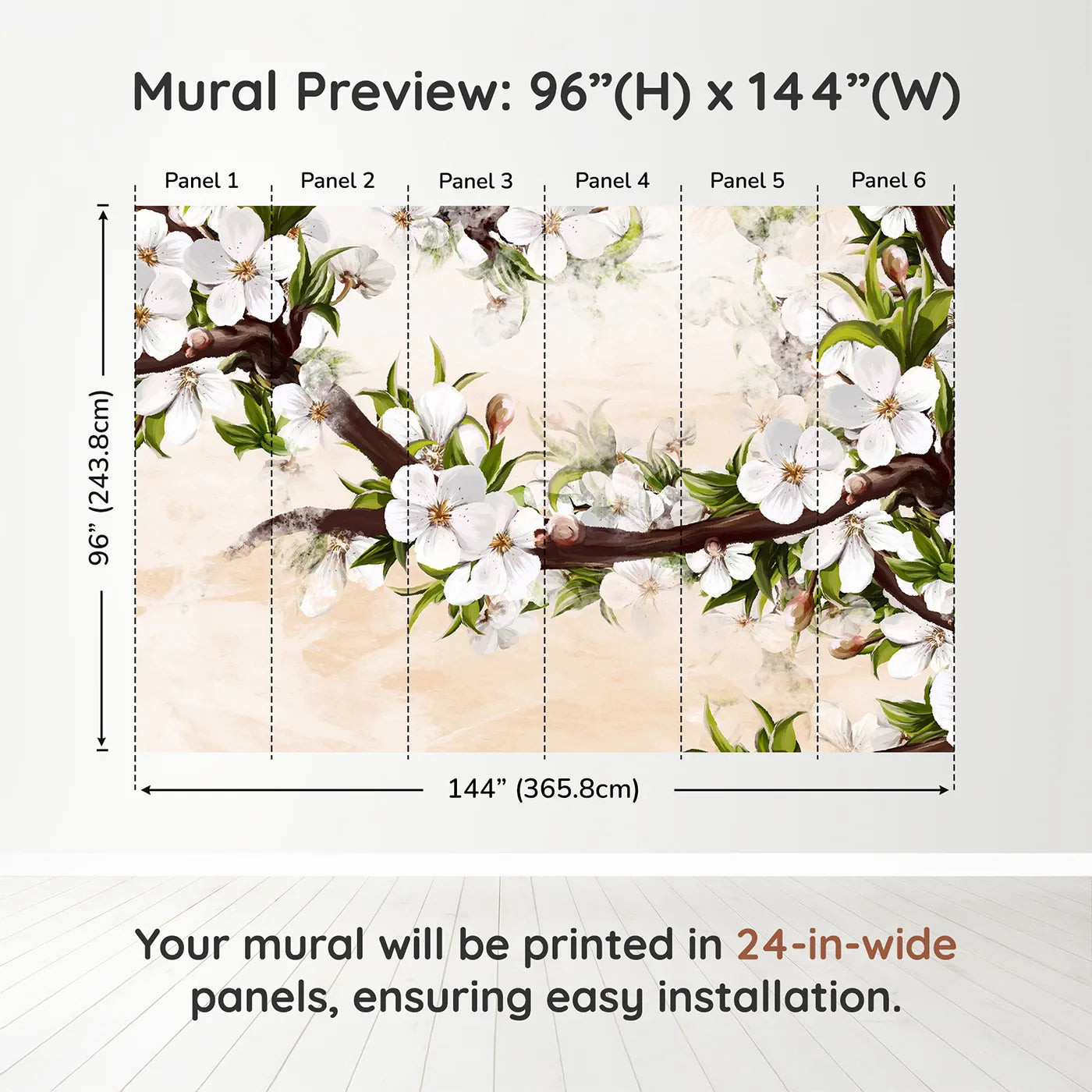 Whimsy Tots Painterly Apple Blossom Wall Muraldimension view (96" H x 144" W). Printed in six 24-inch-wide panels. Gender-Neutral