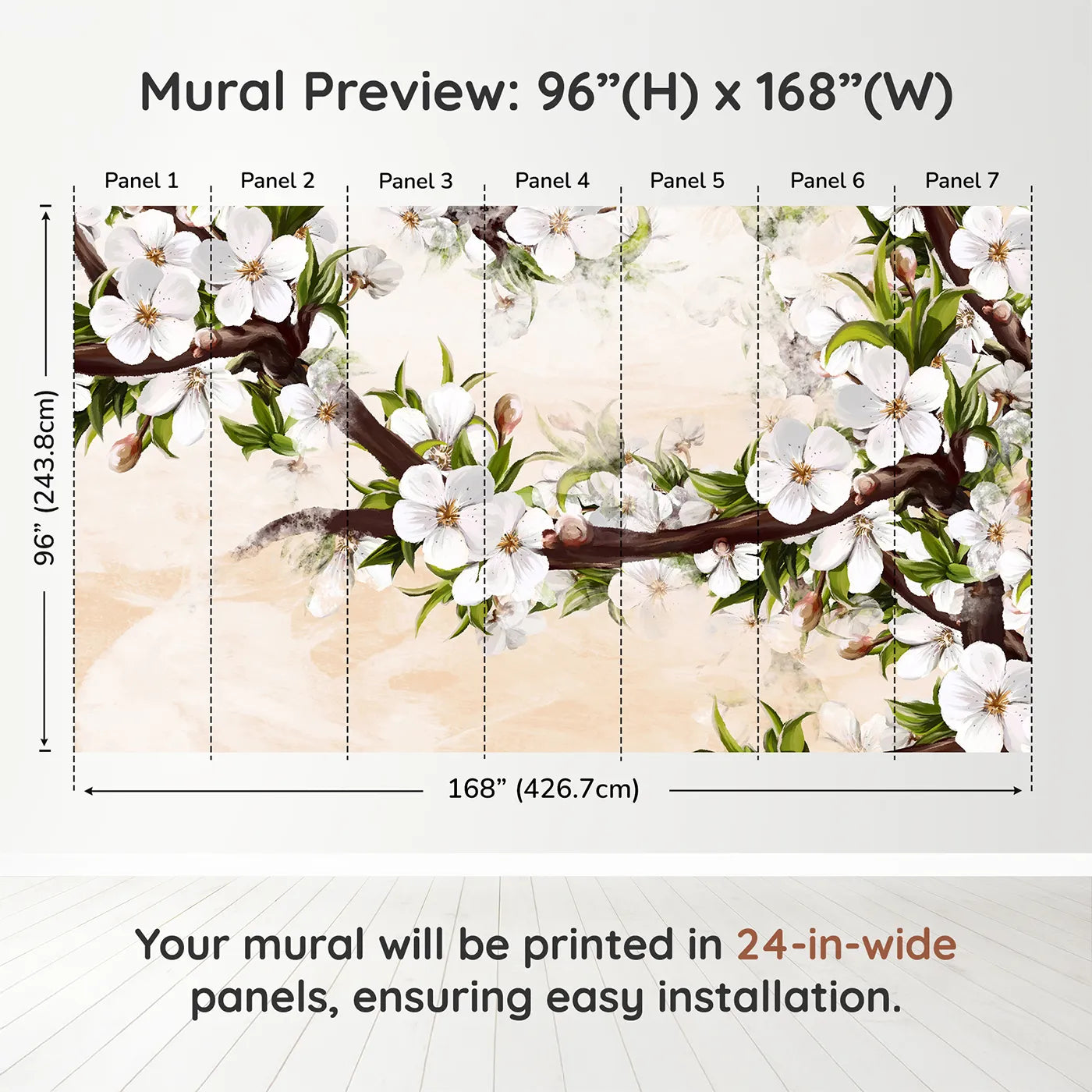 Whimsy Tots Painterly Apple Blossom Wall Muraldimension view (96" H x 168" W). Printed in seven 24-inch-wide panels. Gender-Neutral