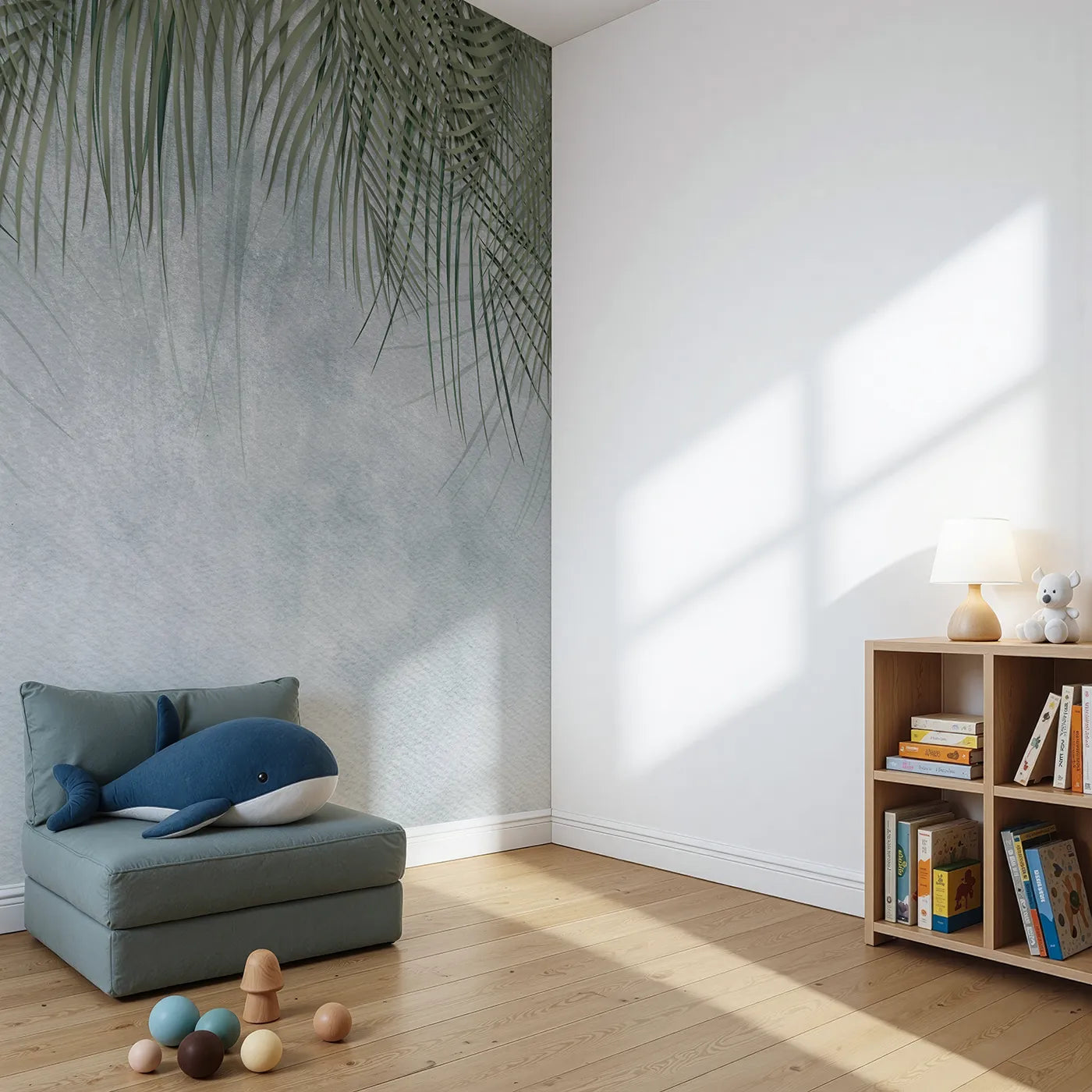 Angled view of Whimsy Tots' Misty Palm Canopy Wall Mural (Turn Their Room into a Cool and Foggy Tropical Morning).Gender-Neutral