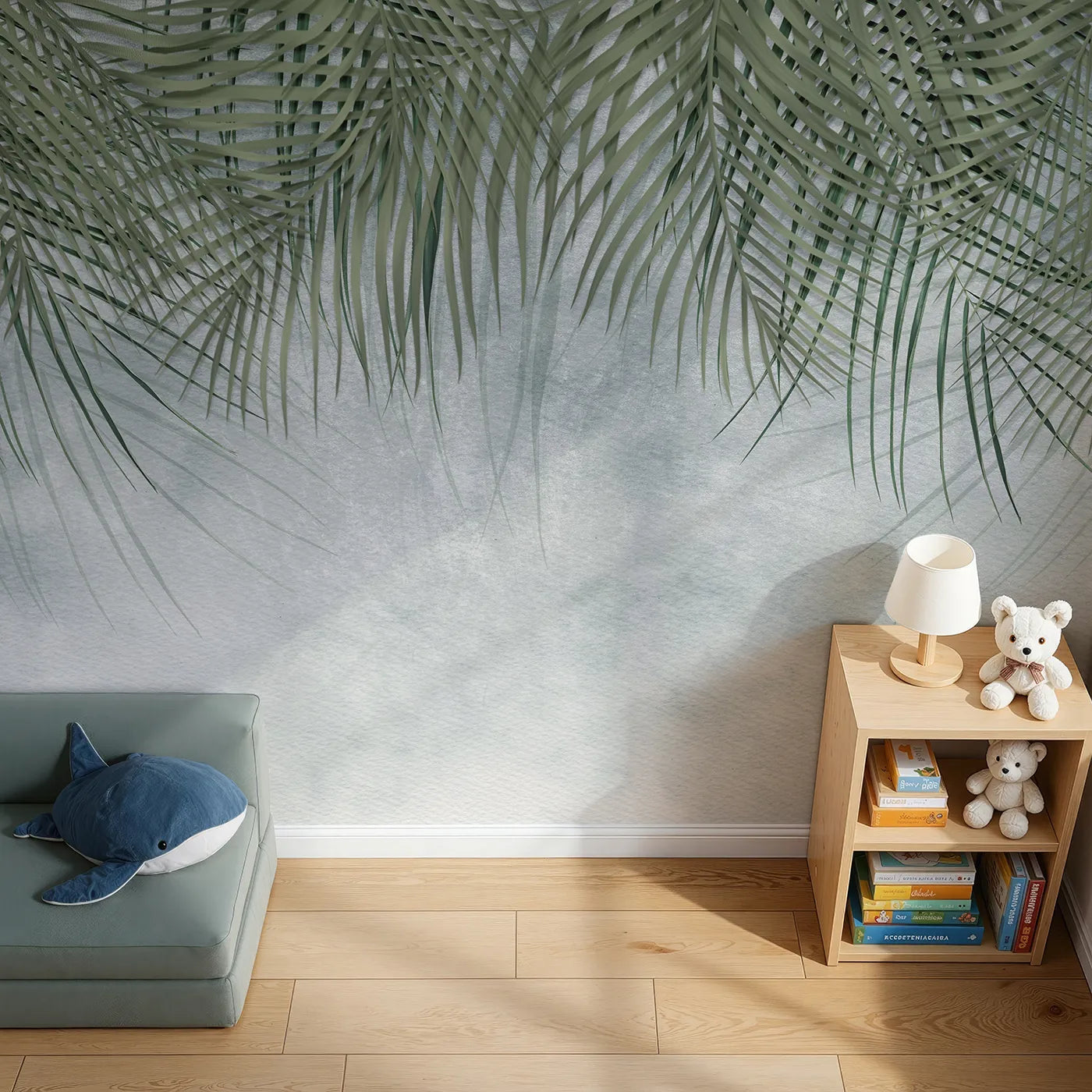 Top-down view of Whimsy Tots' Misty Palm Canopy Wall Mural (Turn Their Room into a Cool and Foggy Tropical Morning).Gender-Neutral