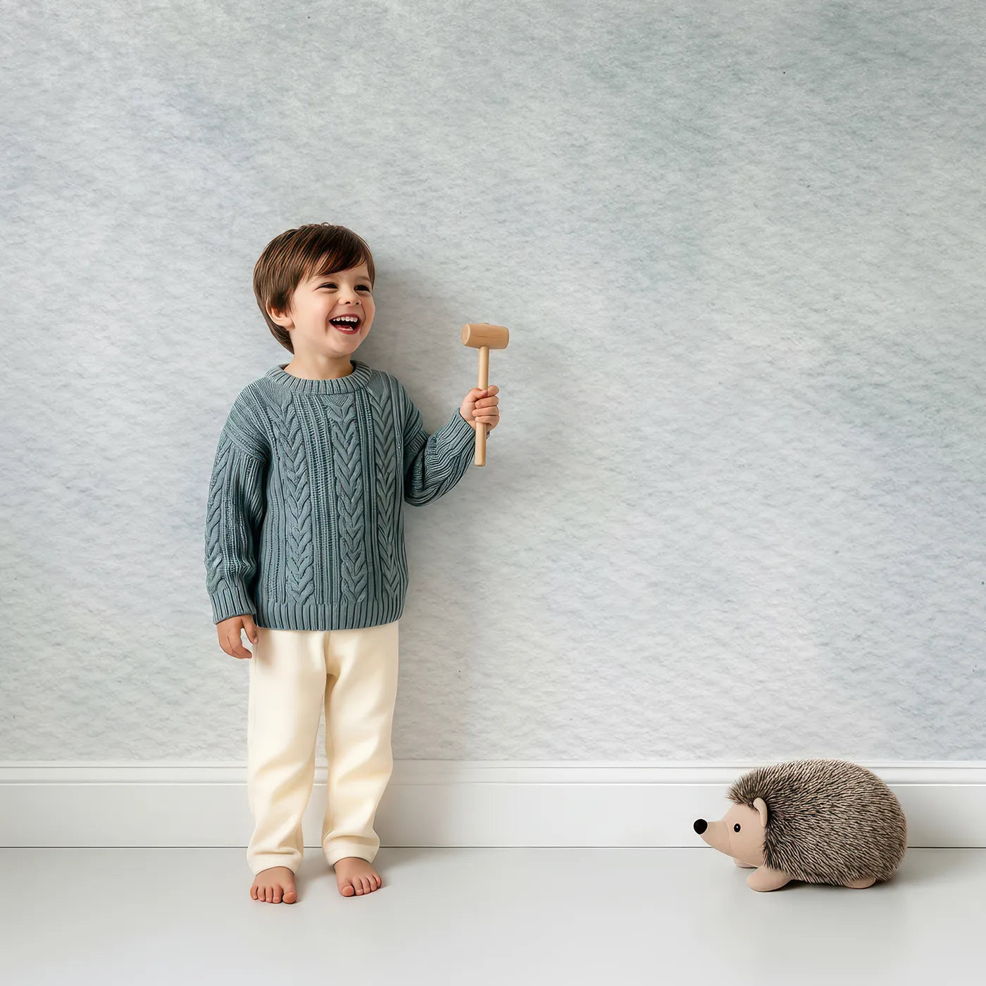 Child in front of Whimsy Tots Misty Palm Canopy Wall Mural with palm, leaf, tropical, mist, green, gray, canopy, jungle in design.