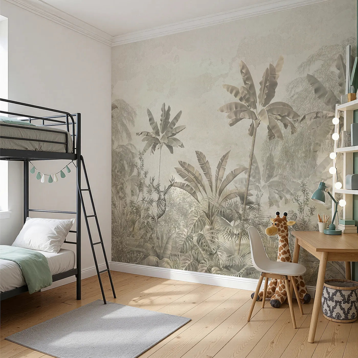 Angled view of Whimsy Tots' Vintage Sepia Jungle Wall Mural (Turn Their Room into a Classic Explorer's Drawing of the Jungle).Gender-Neutral