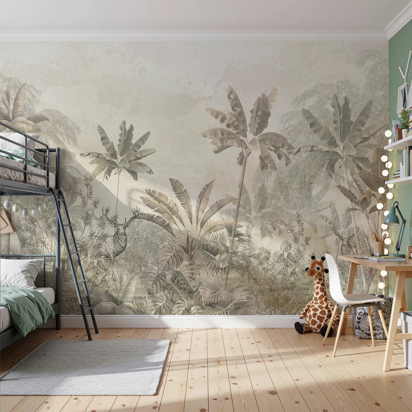 Front view of Whimsy Tots' Vintage Sepia Jungle Wall Mural