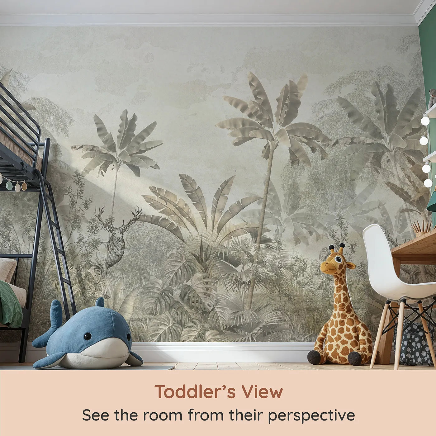 Whimsy Tots Vintage Sepia Jungle Wall Mural (Turn Their Room into a Classic Explorer's Drawing of the Jungle) from your child's view.Gender-Neutral