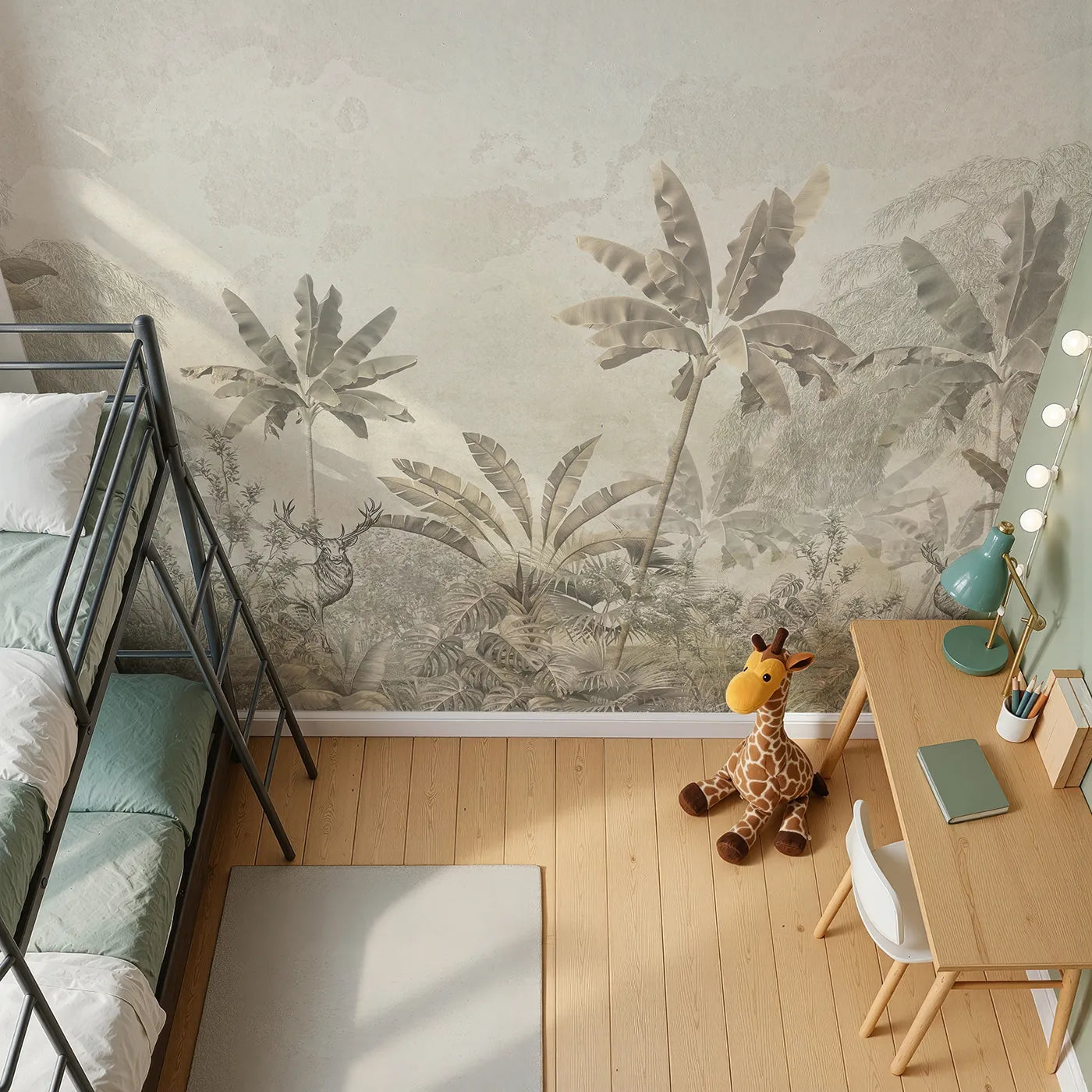 Top-down view of Whimsy Tots' Vintage Sepia Jungle Wall Mural (Turn Their Room into a Classic Explorer's Drawing of the Jungle).Gender-Neutral