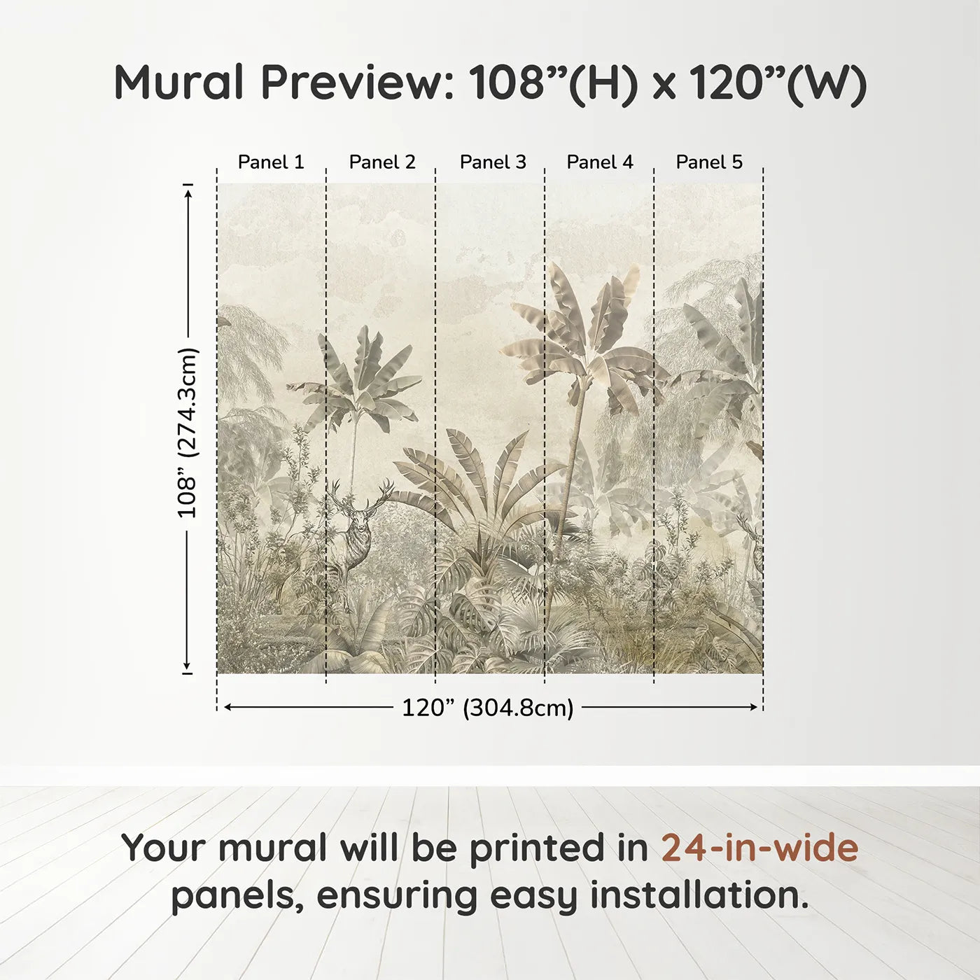 Whimsy Tots Vintage Sepia Jungle Wall Muraldimension view (108" H x 120" W). Printed in five 24-inch-wide panels. Gender-Neutral