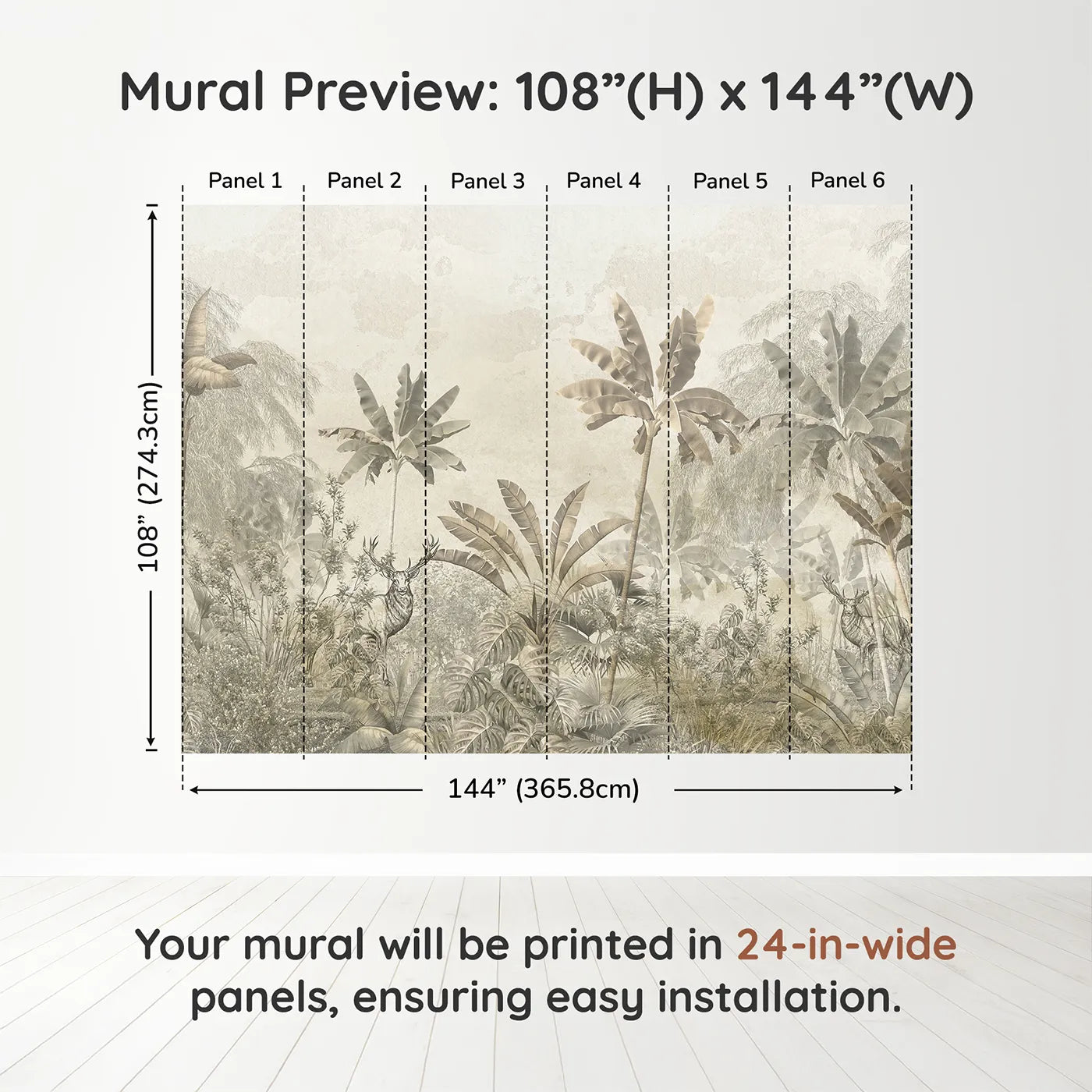 Whimsy Tots Vintage Sepia Jungle Wall Muraldimension view (108" H x 144" W). Printed in six 24-inch-wide panels. Gender-Neutral