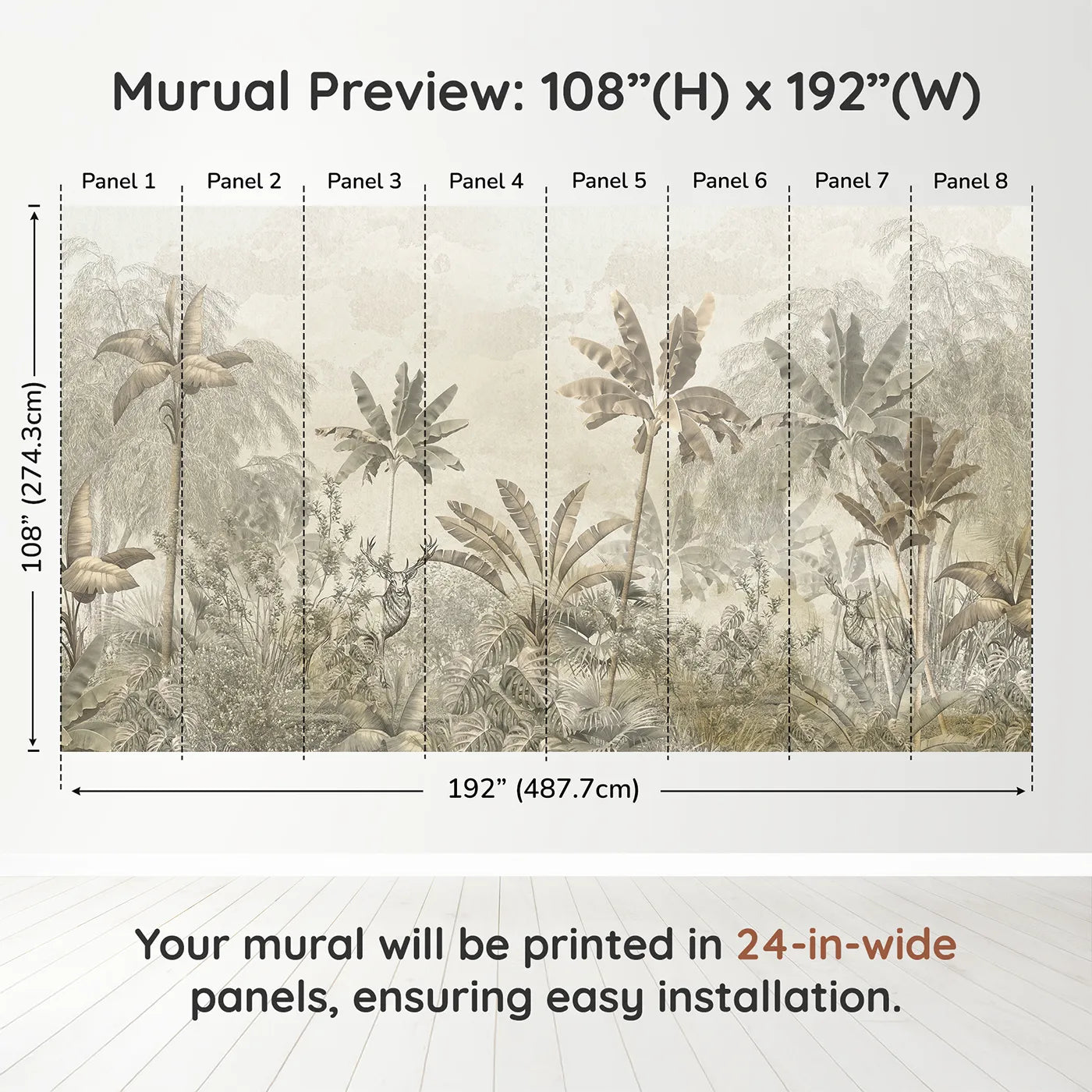 Whimsy Tots Vintage Sepia Jungle Wall Muraldimension view (108" H x 192" W). Printed in eight 24-inch-wide panels. Gender-Neutral