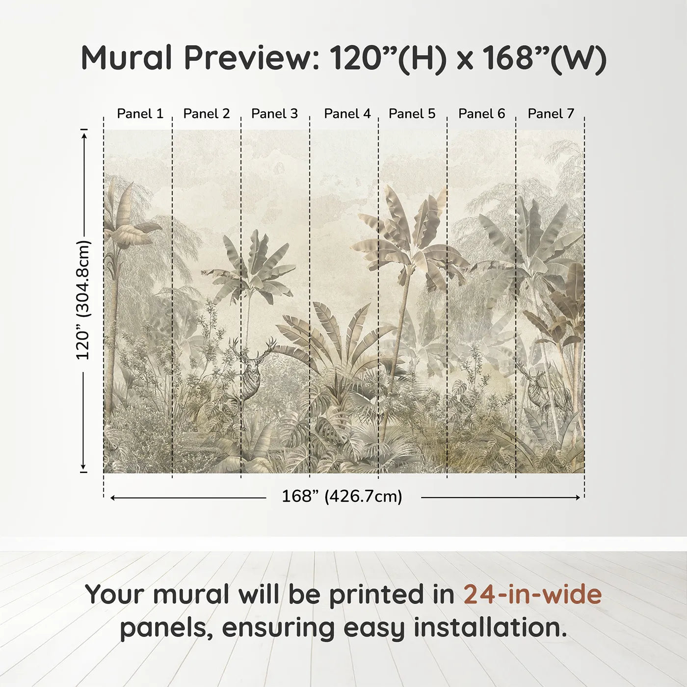 Whimsy Tots Vintage Sepia Jungle Wall Muraldimension view (120" H x 168" W). Printed in seven 24-inch-wide panels. Gender-Neutral