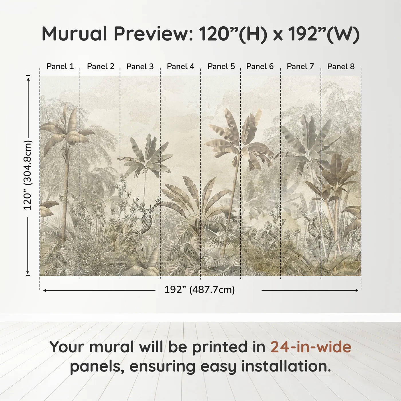 Whimsy Tots Vintage Sepia Jungle Wall Muraldimension view (120" H x 192" W). Printed in eight 24-inch-wide panels. Gender-Neutral