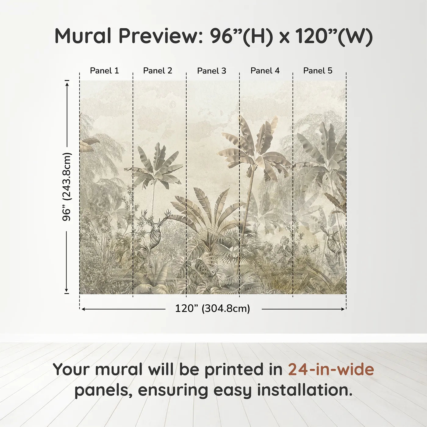 Whimsy Tots Vintage Sepia Jungle Wall Muraldimension view (96" H x 120" W). Printed in five 24-inch-wide panels. Gender-Neutral