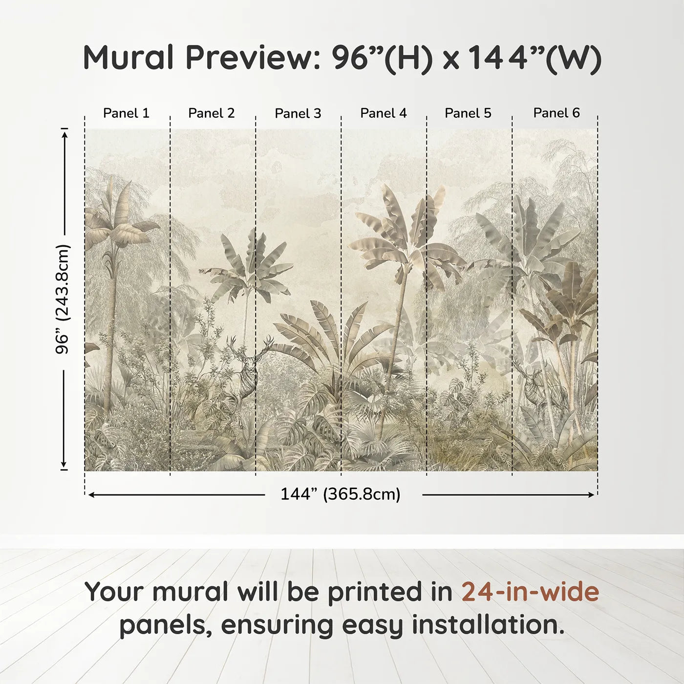 Whimsy Tots Vintage Sepia Jungle Wall Muraldimension view (96" H x 144" W). Printed in six 24-inch-wide panels. Gender-Neutral