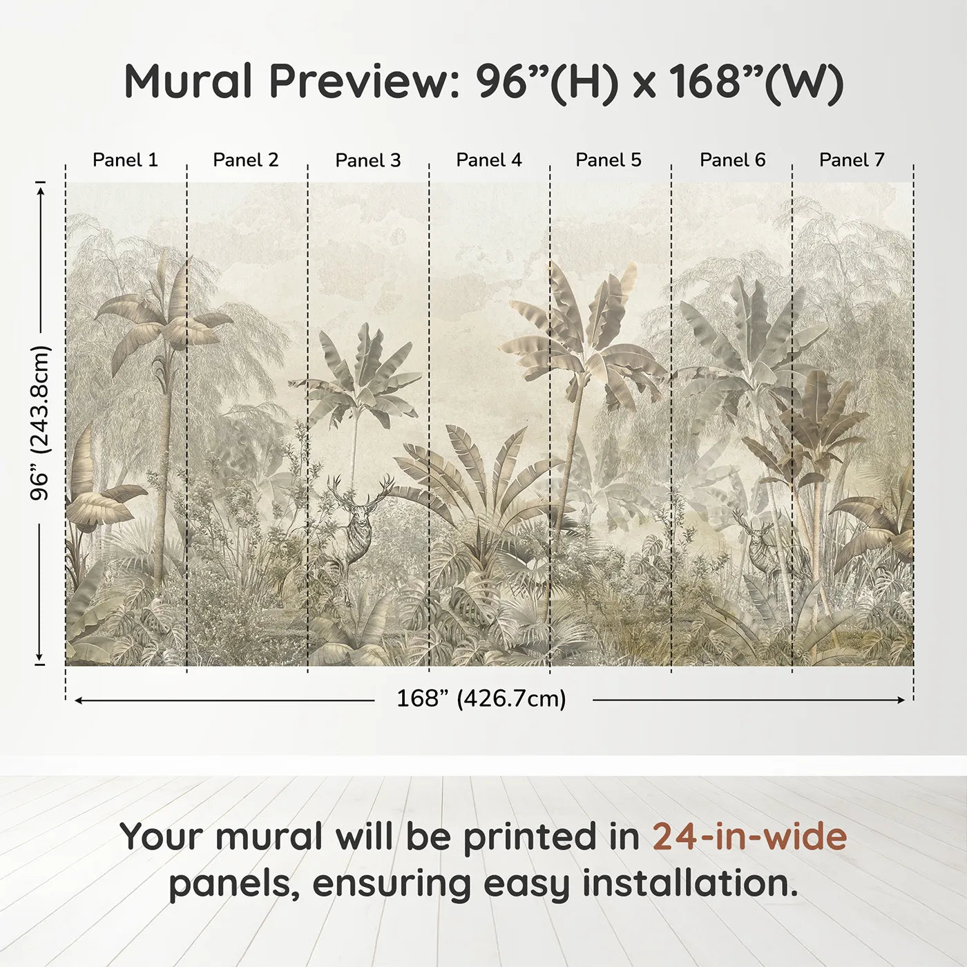 Whimsy Tots Vintage Sepia Jungle Wall Muraldimension view (96" H x 168" W). Printed in seven 24-inch-wide panels. Gender-Neutral
