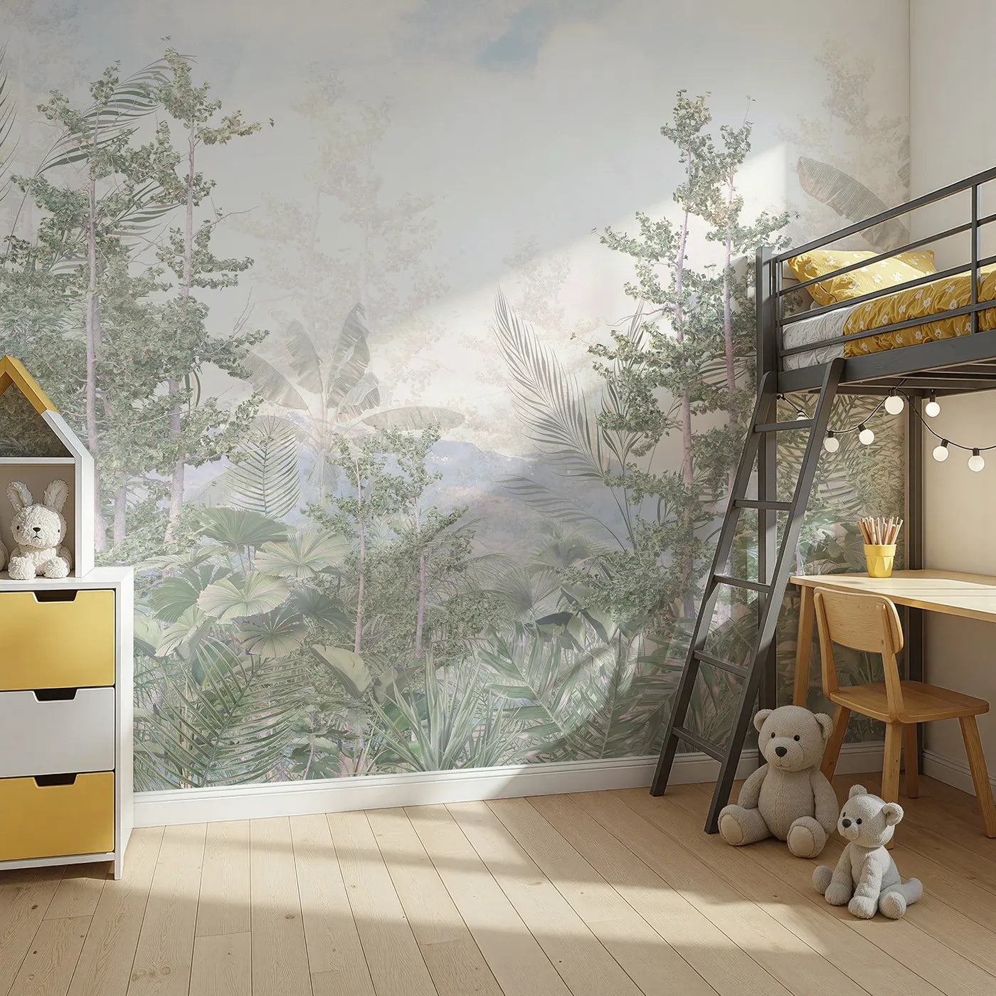 Angled view of Whimsy Tots' Misty Jungle Heights Wall Mural (Turn Their Room into an Ethereal Rainforest Canopy).Gender-Neutral