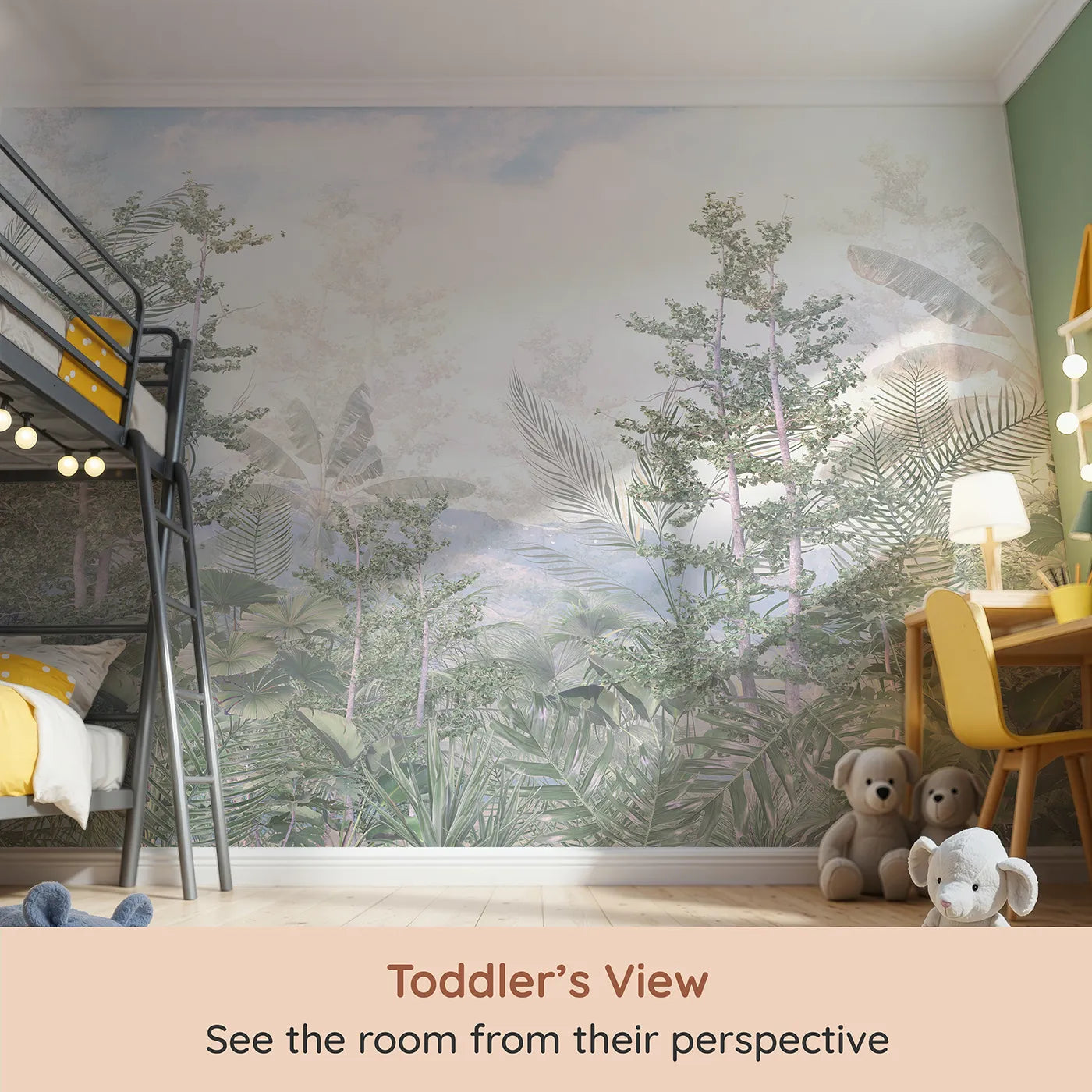 Whimsy Tots Misty Jungle Heights Wall Mural (Turn Their Room into an Ethereal Rainforest Canopy) from your child's view.Gender-Neutral