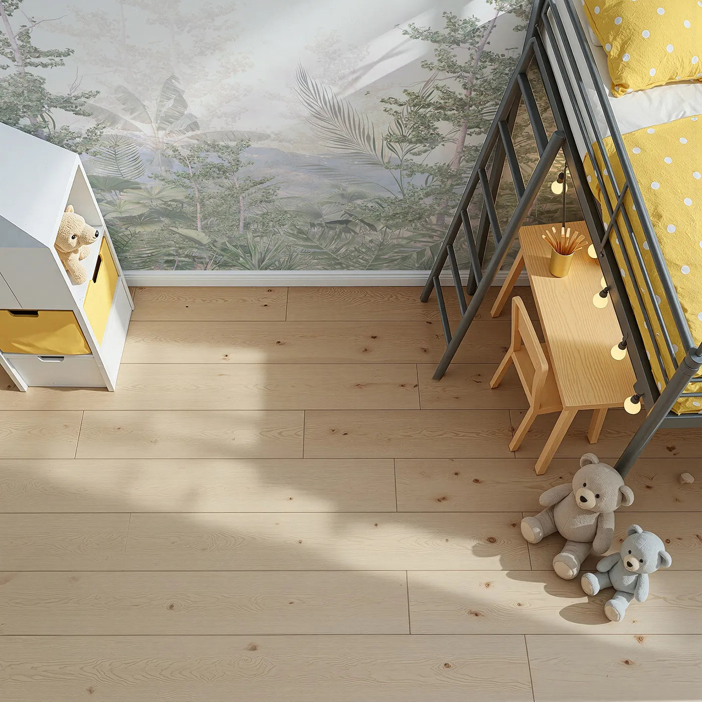 Top-down view of Whimsy Tots' Misty Jungle Heights Wall Mural (Turn Their Room into an Ethereal Rainforest Canopy).Gender-Neutral