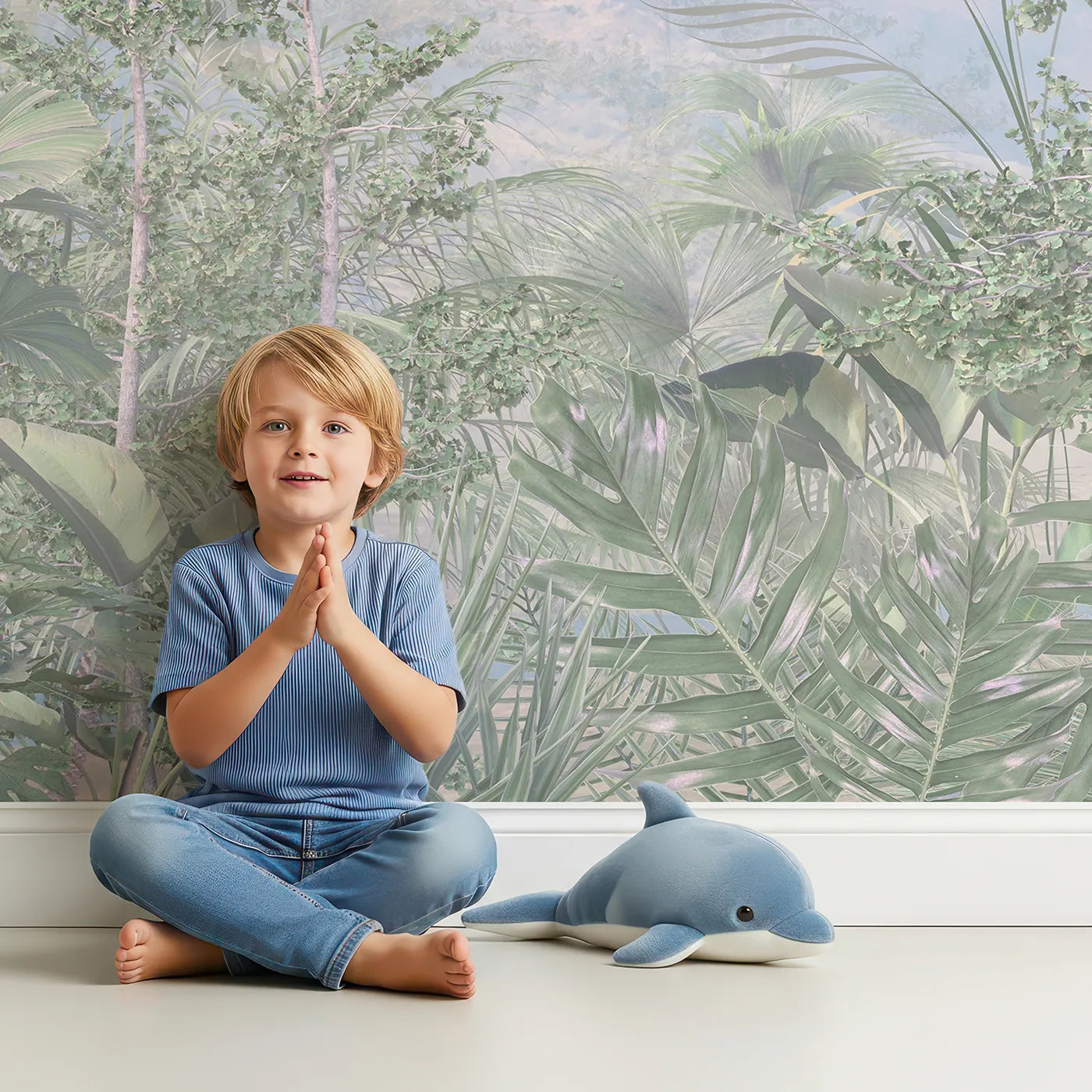 Child in front of Whimsy Tots Misty Jungle Heights Wall Mural with jungle, mist, tropical, forest, light, green, landscape, canopy in design.