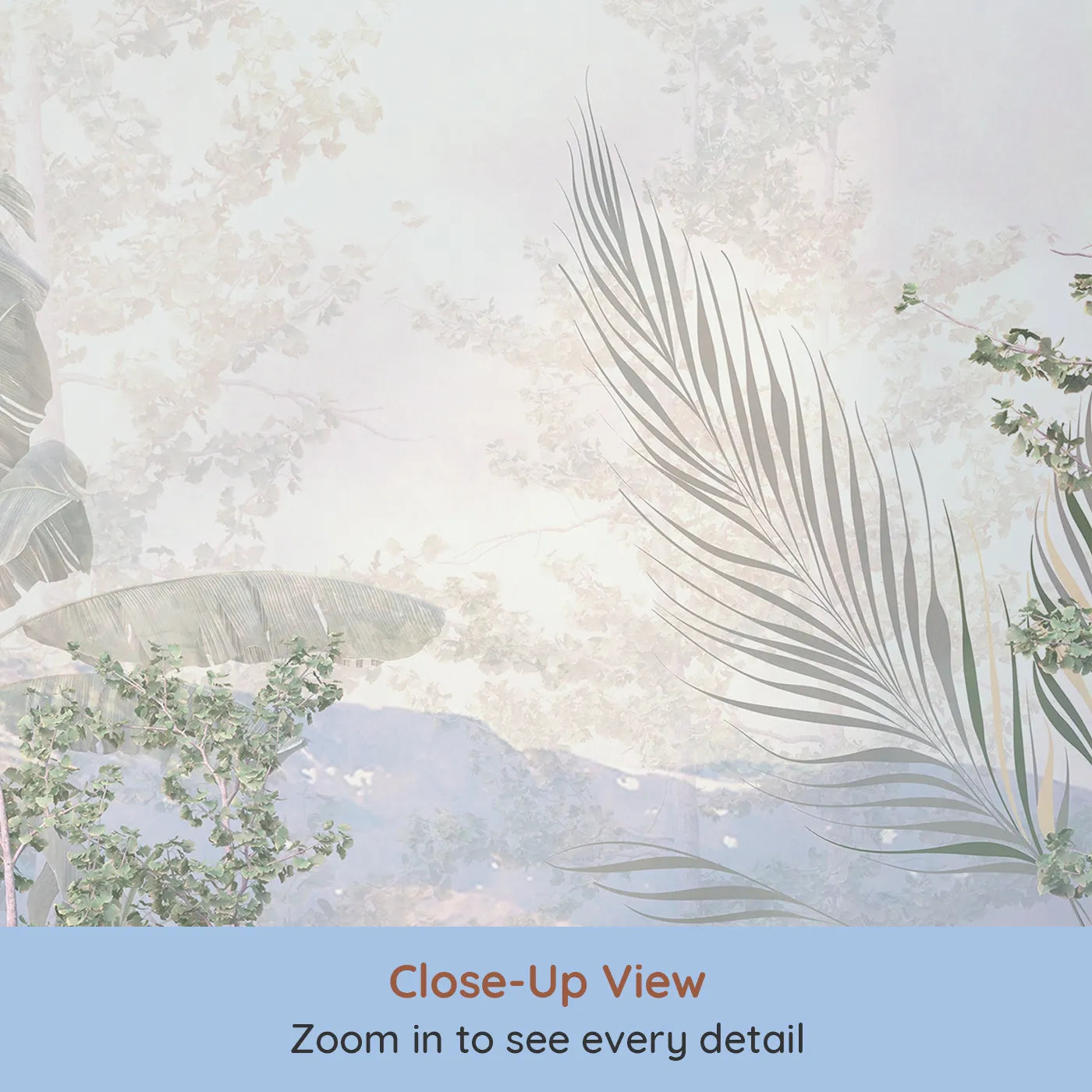 Close-up view of Whimsy Tots' Misty Jungle Heights Wall Mural (Turn Their Room into an Ethereal Rainforest Canopy).Gender-Neutral