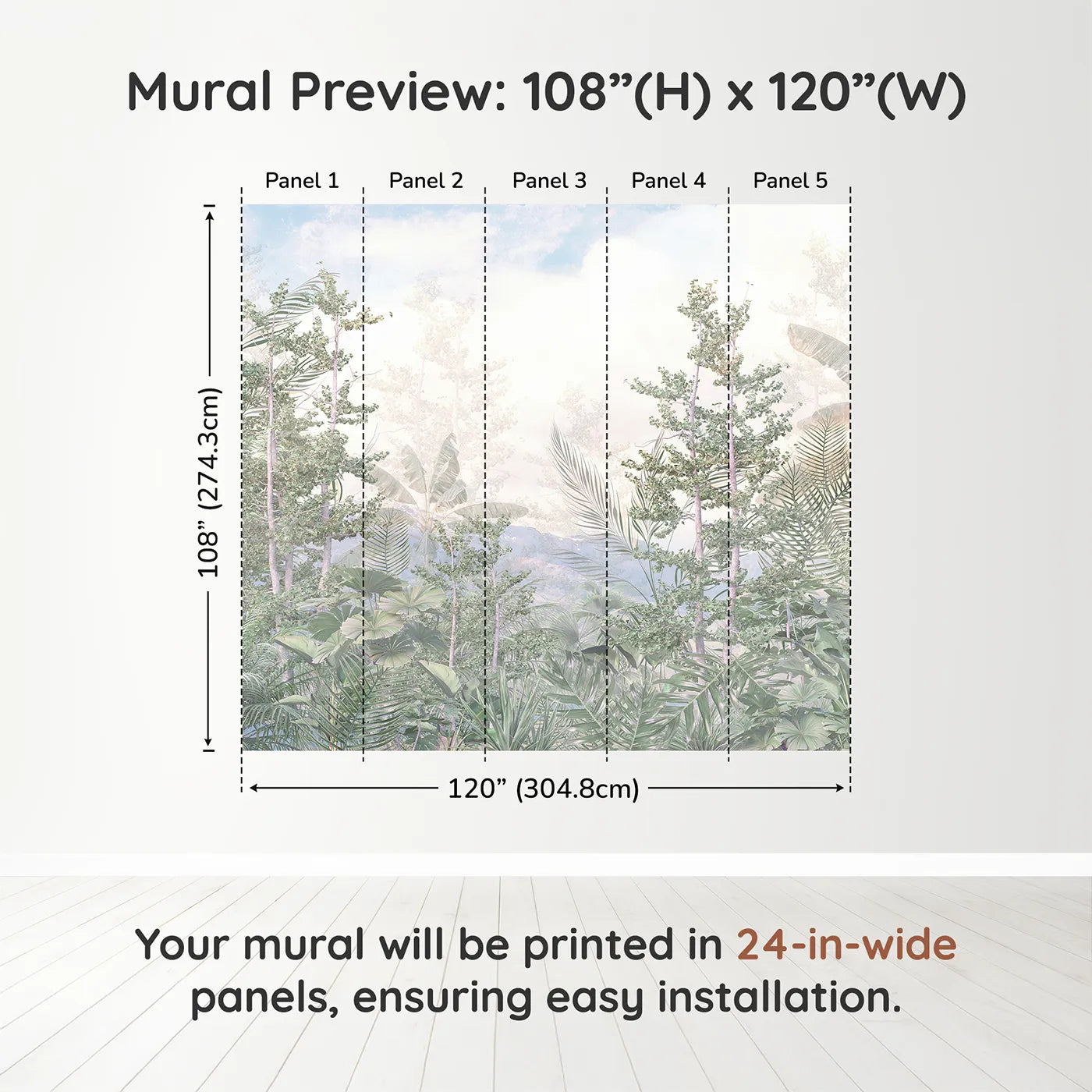 Whimsy Tots Misty Jungle Heights Wall Muraldimension view (108" H x 120" W). Printed in five 24-inch-wide panels. Gender-Neutral