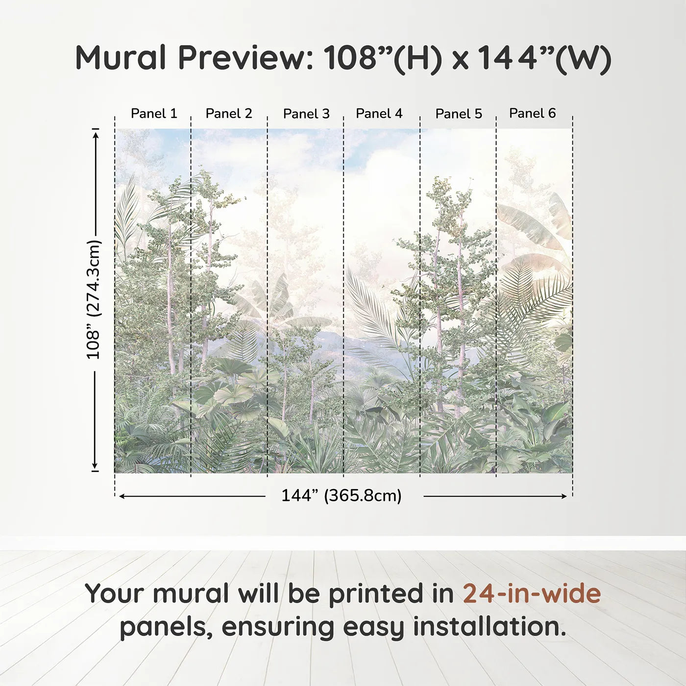 Whimsy Tots Misty Jungle Heights Wall Muraldimension view (108" H x 144" W). Printed in six 24-inch-wide panels. Gender-Neutral