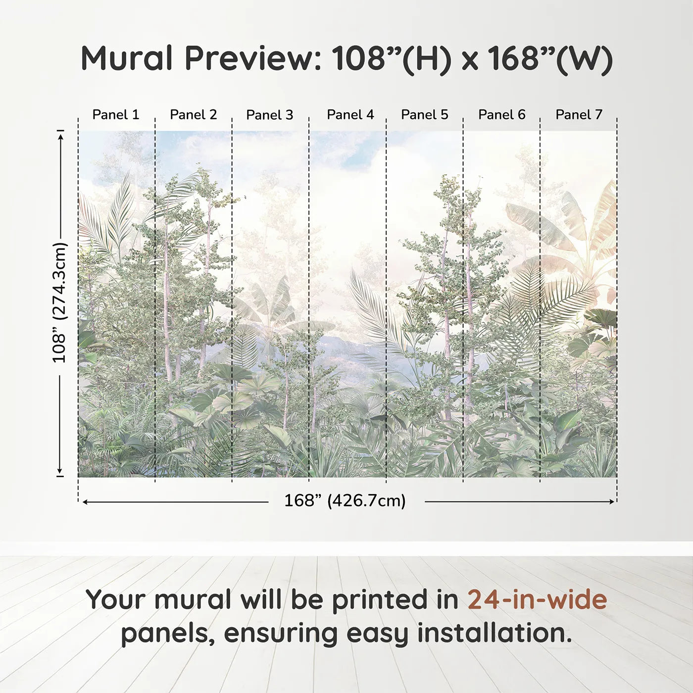Whimsy Tots Misty Jungle Heights Wall Muraldimension view (108" H x 168" W). Printed in seven 24-inch-wide panels. Gender-Neutral